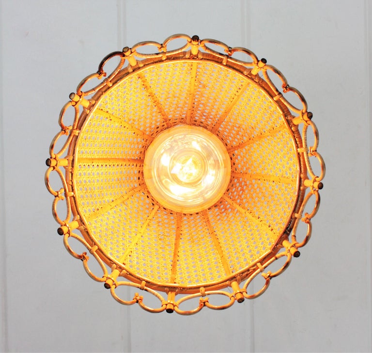 Rattan and Wicker Wire Italian Modernist Conic Pendant / Hanging Light, 1960s 5