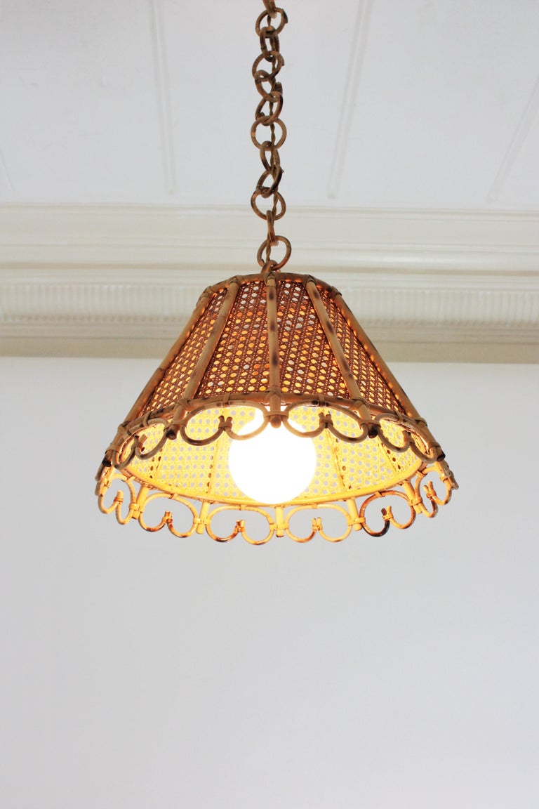 Rattan and Wicker Wire Italian Modernist Conic Pendant / Hanging Light, 1960s 6