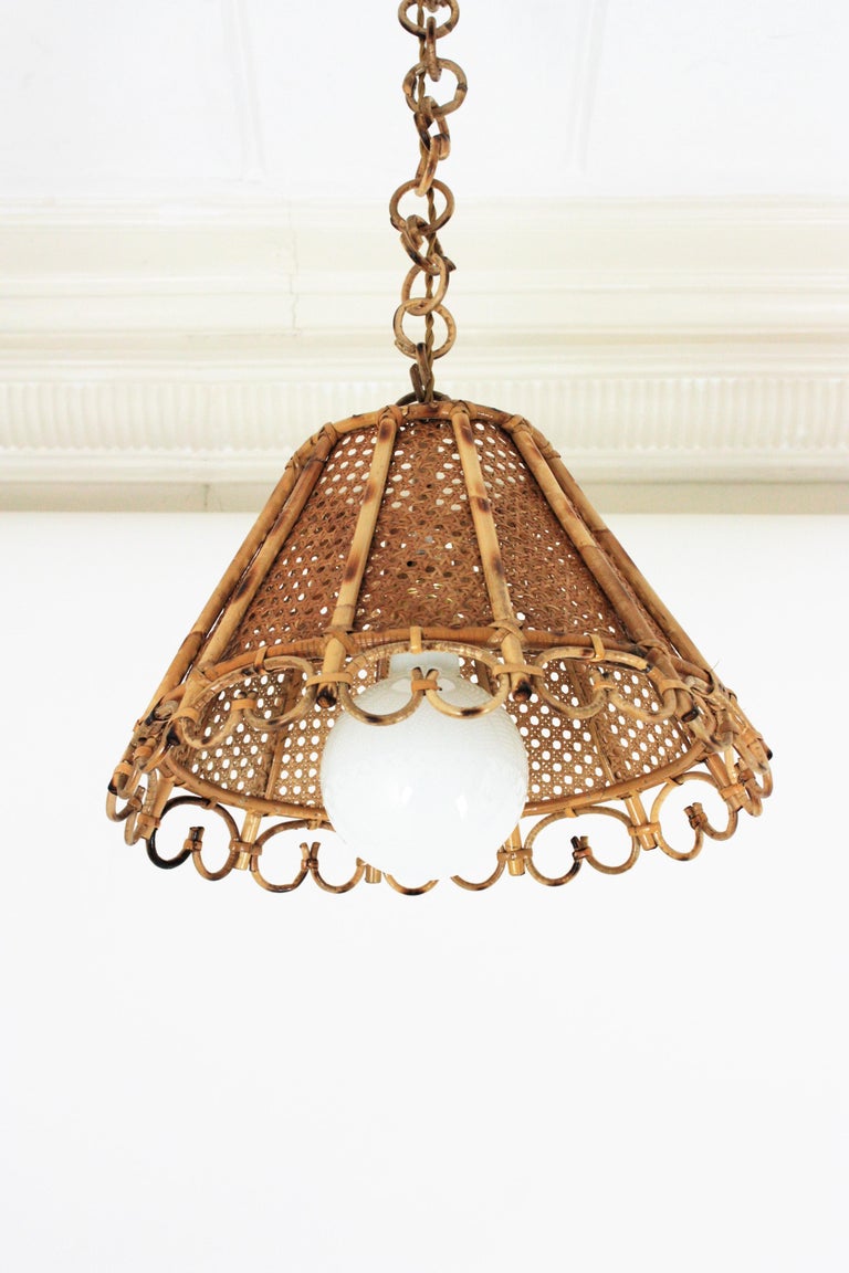 Rattan and Wicker Wire Italian Modernist Conic Pendant / Hanging Light, 1960s 7