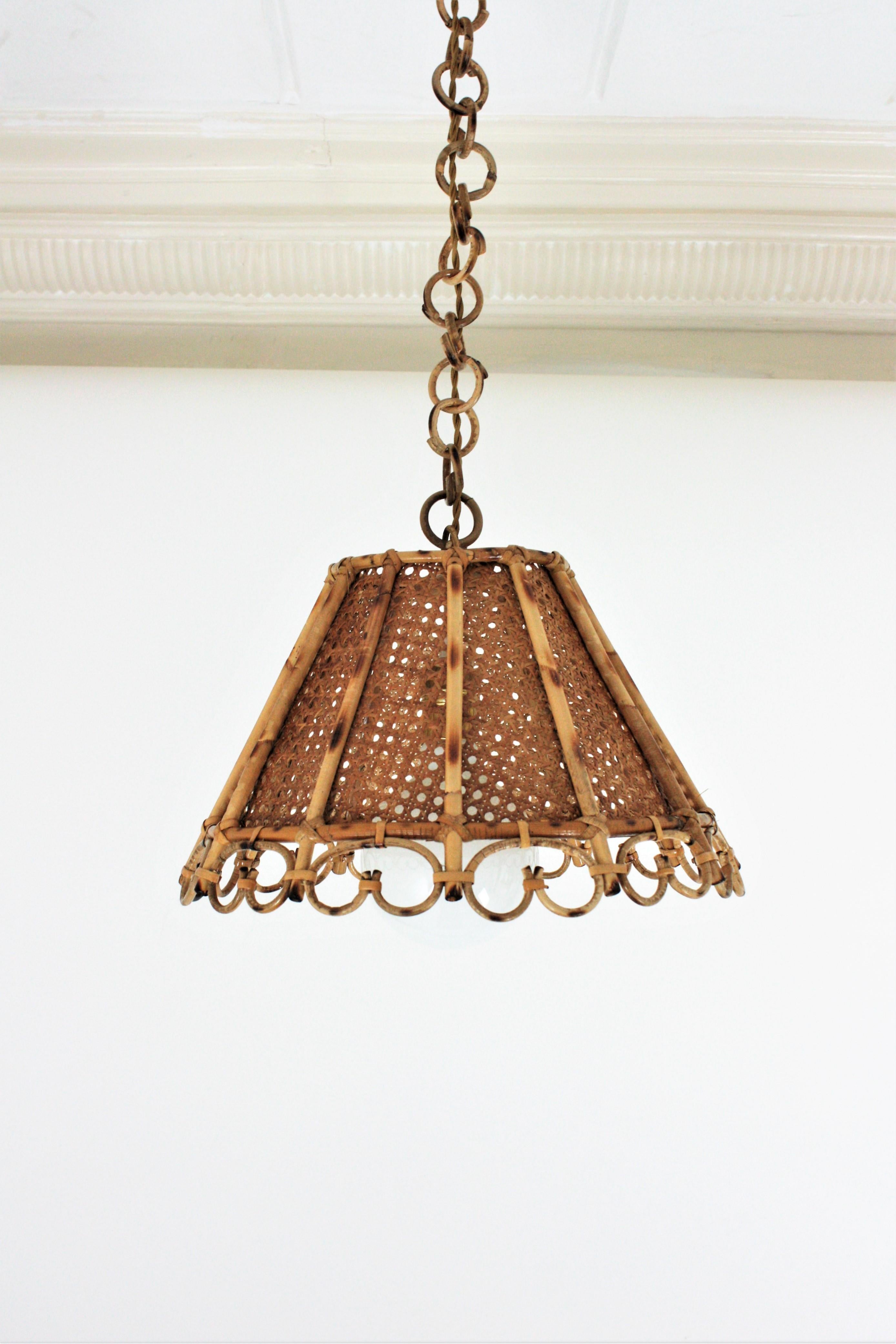 Rattan and Wicker Wire Italian Modernist Conic Pendant / Hanging Light, 1960s 8
