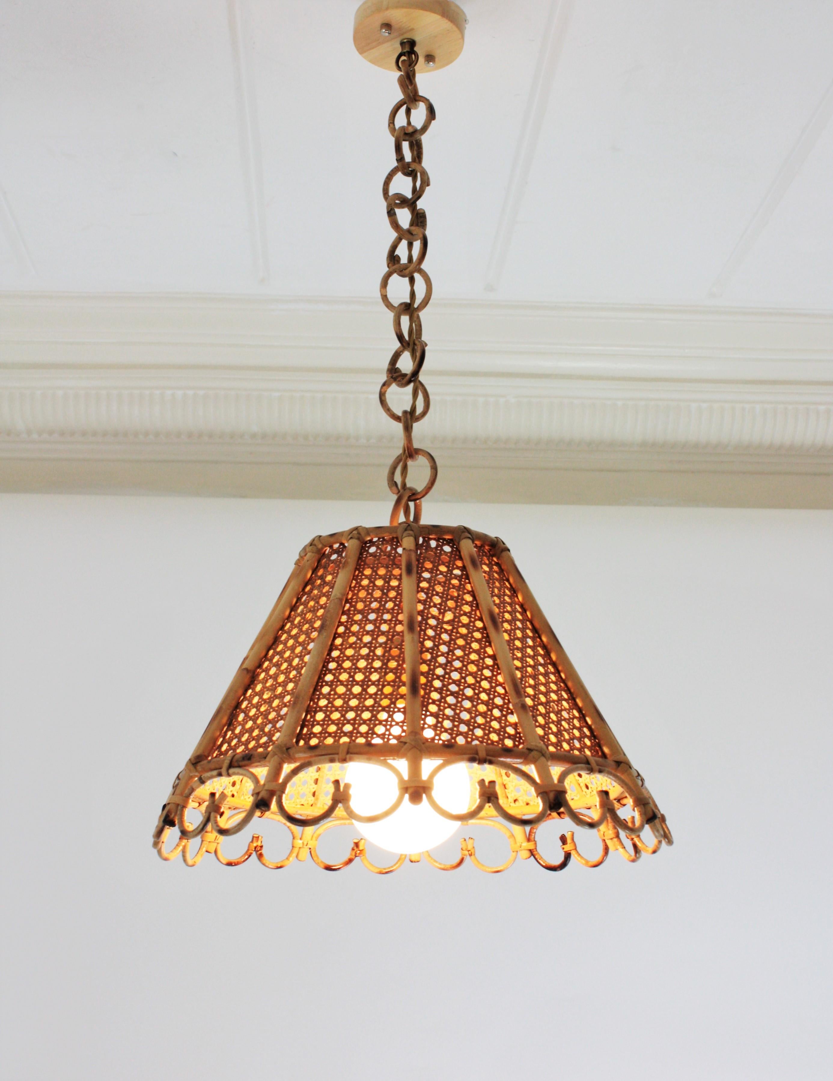 Rattan and Wicker Wire Italian Modernist Conic Pendant / Hanging Light, 1960s 9