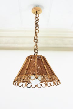 Rattan and Wicker Wire Italian Modernist Conic Pendant / Hanging Light, 1960s