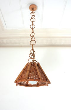 Italienische modernistische konische Pendel-/Hängelampe aus Rattan und Weidendraht, 1960er Jahre