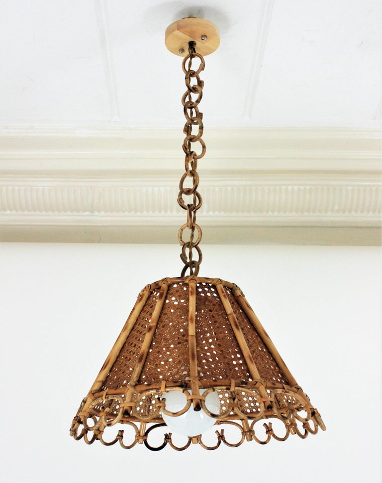 Woven Rattan and Wicker Wire Italian Modernist Conic Pendant / Hanging Light, 1960s