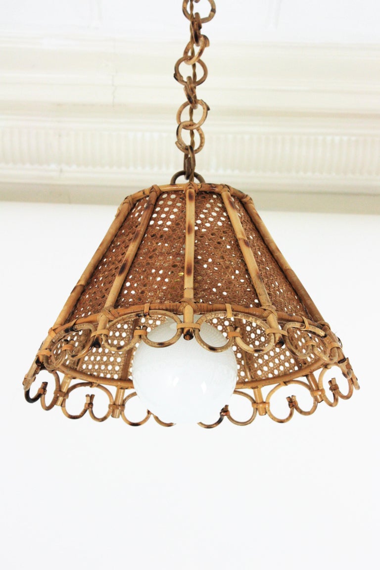 Cane Rattan and Wicker Wire Italian Modernist Conic Pendant / Hanging Light, 1960s