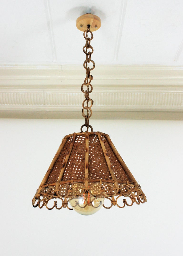 Rattan and Wicker Wire Italian Modernist Conic Pendant / Hanging Light, 1960s 1