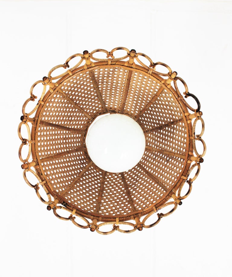 Rattan and Wicker Wire Italian Modernist Conic Pendant / Hanging Light, 1960s 2