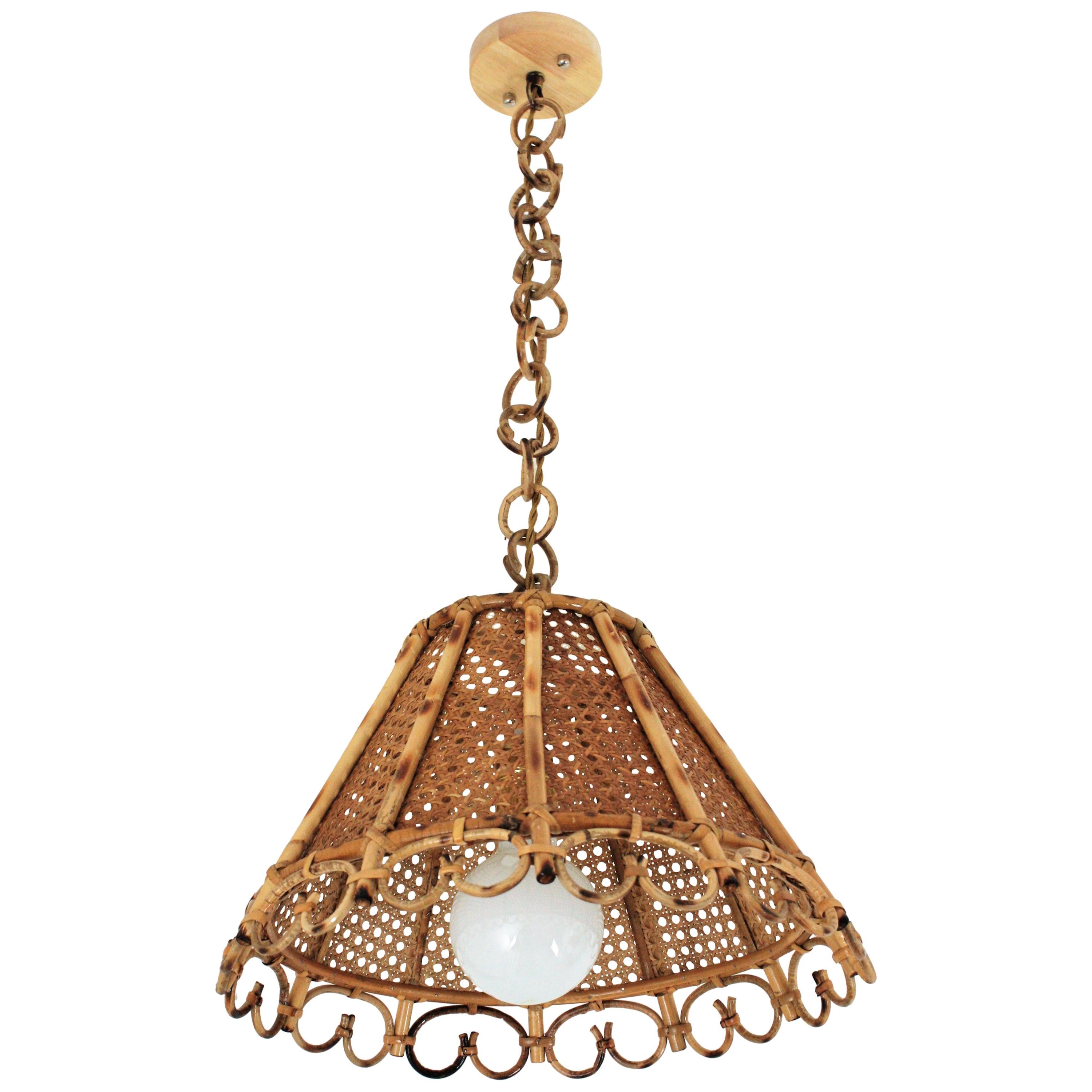Rattan and Wicker Wire Italian Modernist Conic Pendant / Hanging Light, 1960s