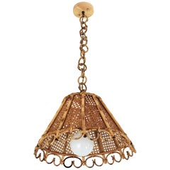 Retro Rattan and Wicker Wire Italian Modernist Conic Pendant / Hanging Light, 1960s