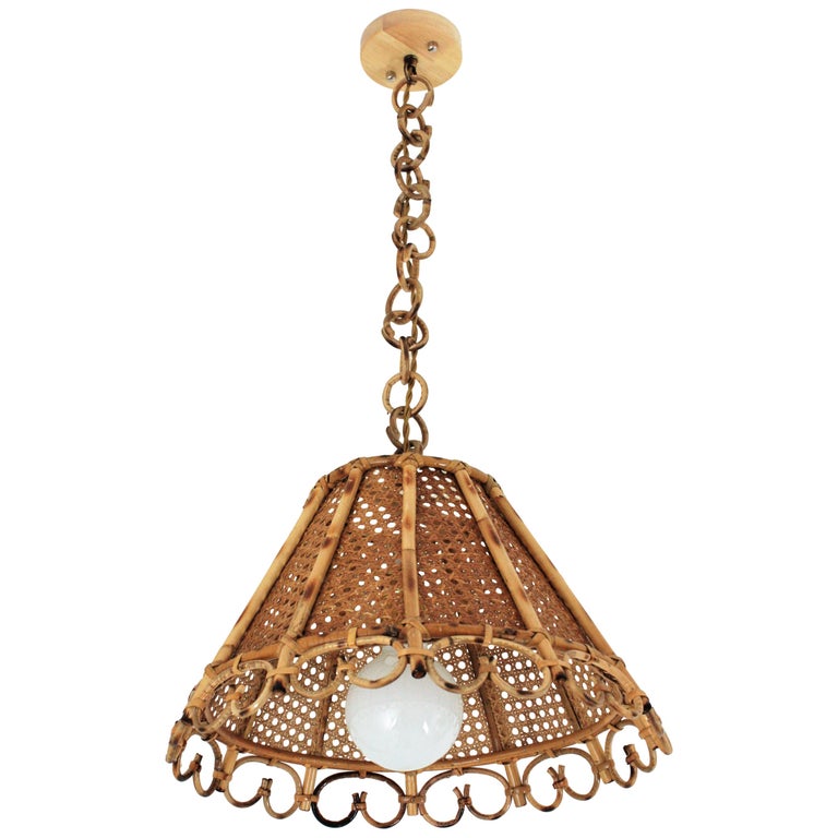 Italian rattan and wicker hanging light, 1960s, offered by LALITHAMMA BARCELONA