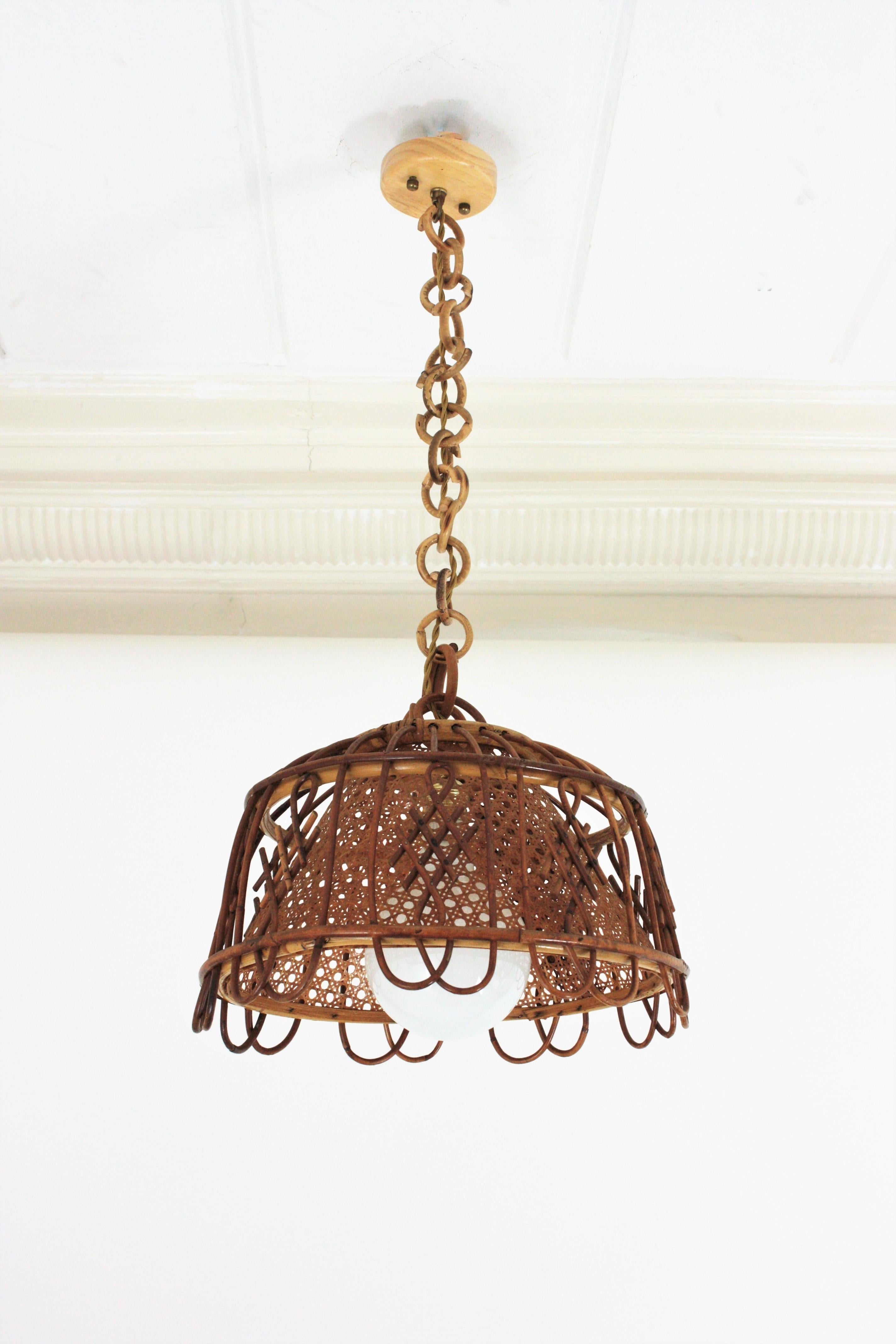 Hand-Crafted Rattan and Wicker Wire Italian Modernist Pendant / Hanging Light, 1960s
