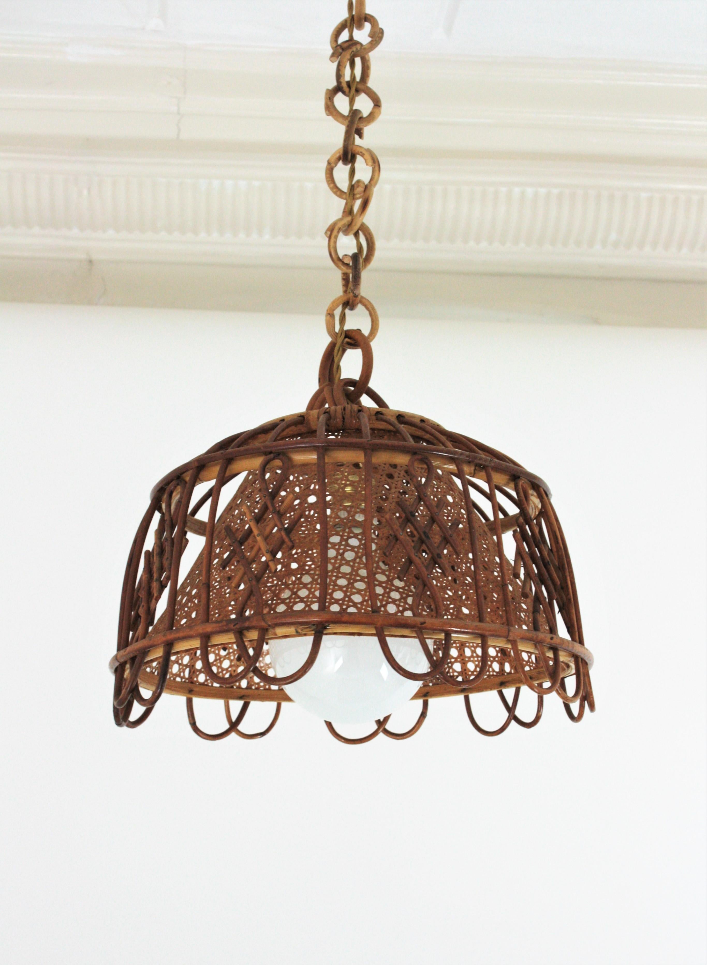 Cane Rattan and Wicker Wire Italian Modernist Pendant / Hanging Light, 1960s