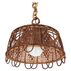 Rattan and Wicker Wire Italian Modernist Pendant / Hanging Light, 1960s