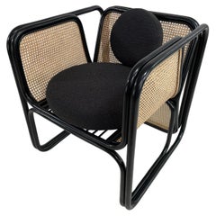 Rattan and Wicker with Bouclé Fabric Seat Large Armchair