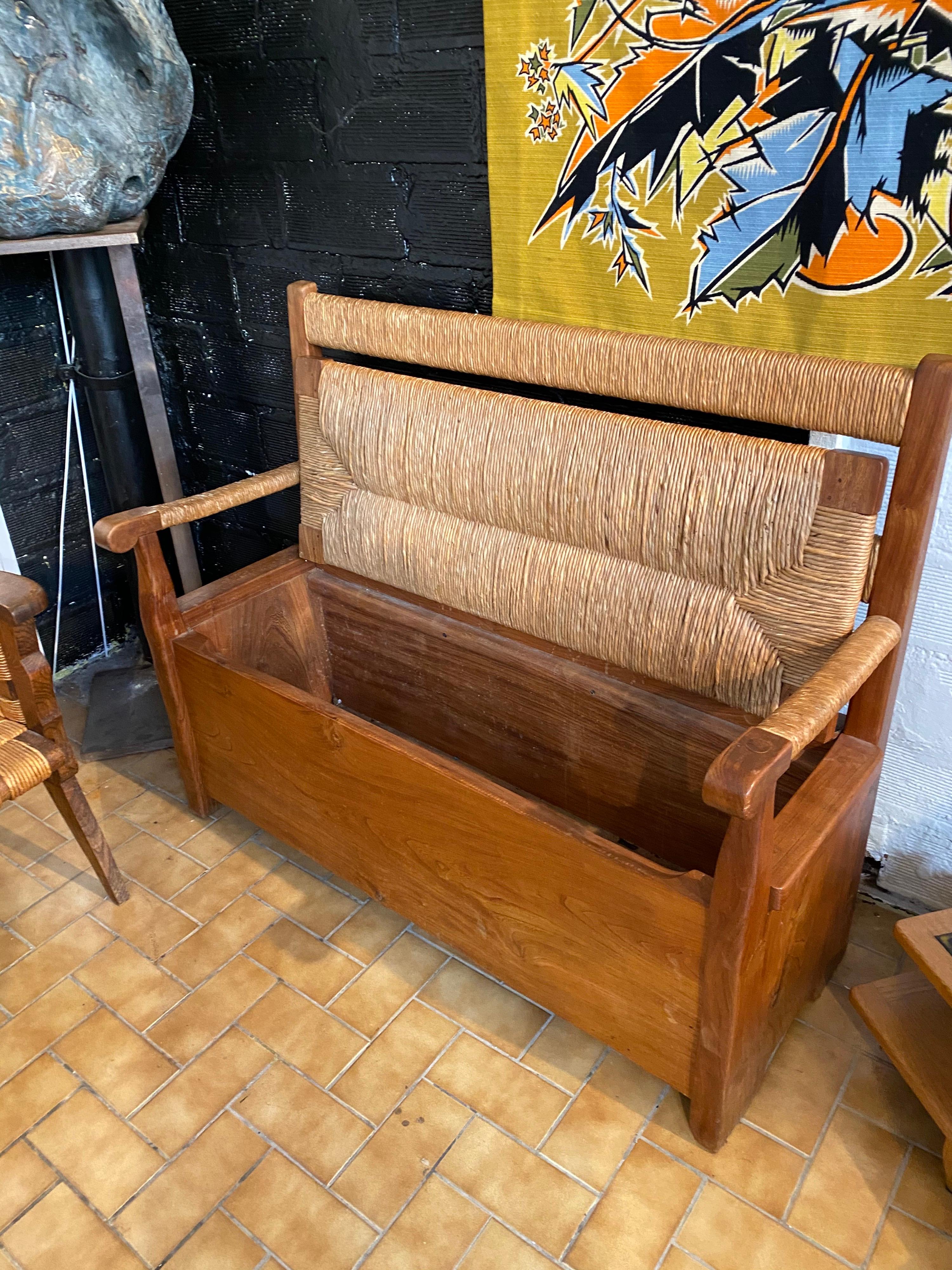 Mid-Century Modern Rattan and Wood Bench