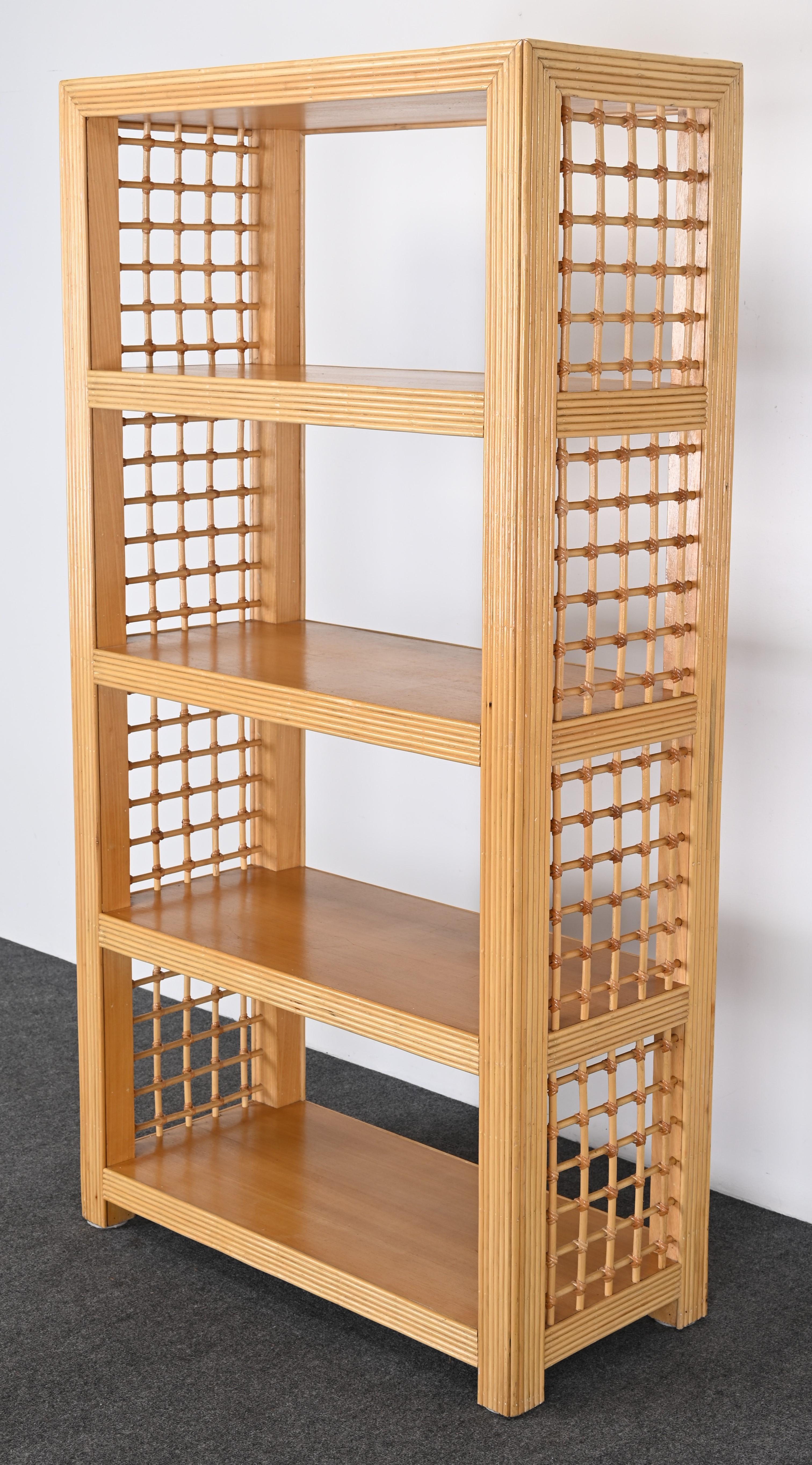 Organic Modern Rattan and Wood Free Standing Shelving or Bookcase, 1980s