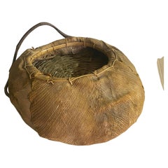 Rattan and Wood Italian Large Basket Bowl Centerpiece, 1970s