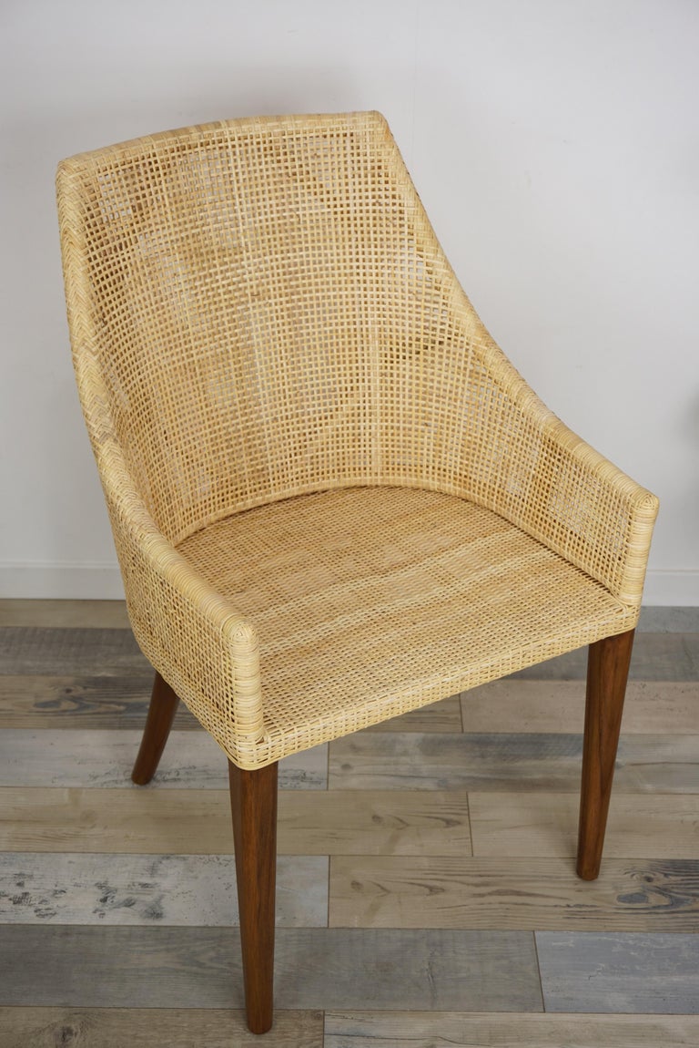 Mid-Century Modern Rattan and Wooden French Design Dining Armchair For Sale