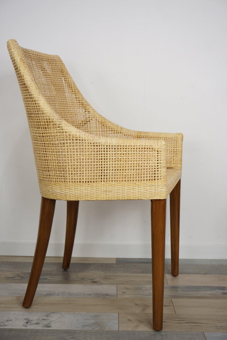 Contemporary Rattan and Wooden French Design Dining Armchair For Sale