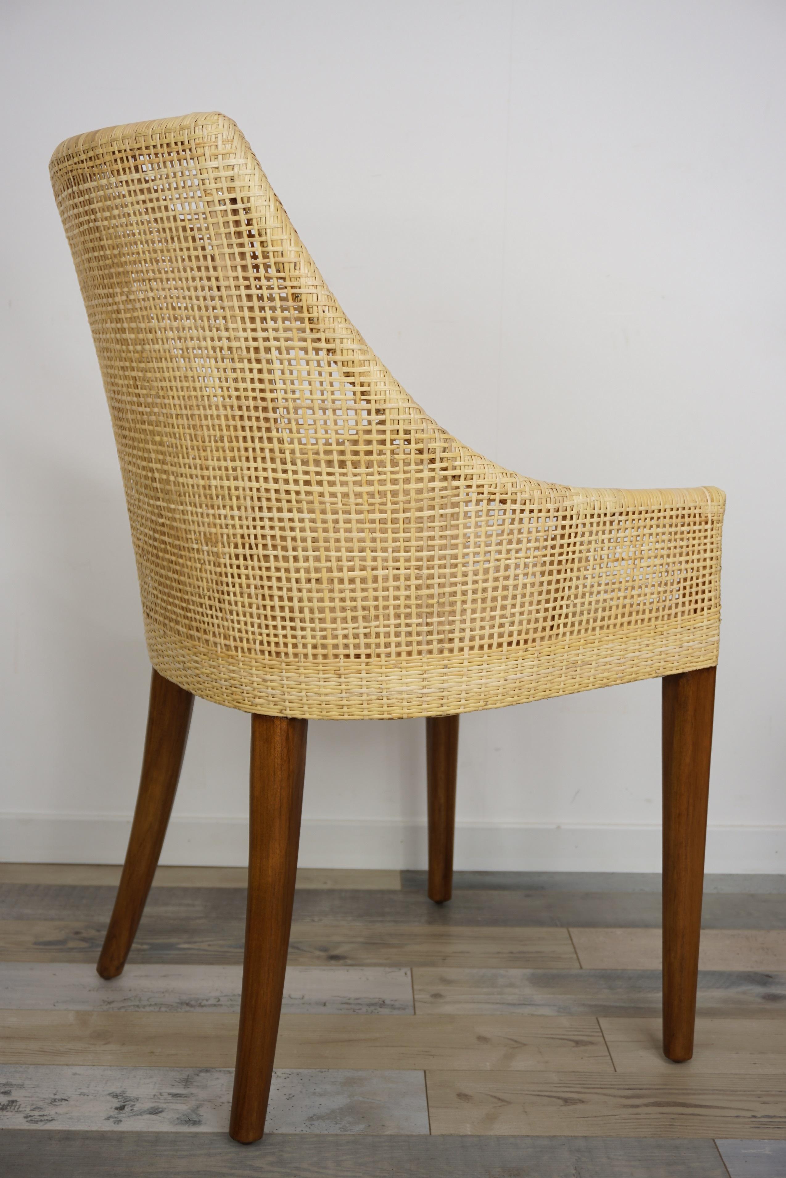 Contemporary Rattan and Wooden French Design Dining Armchair