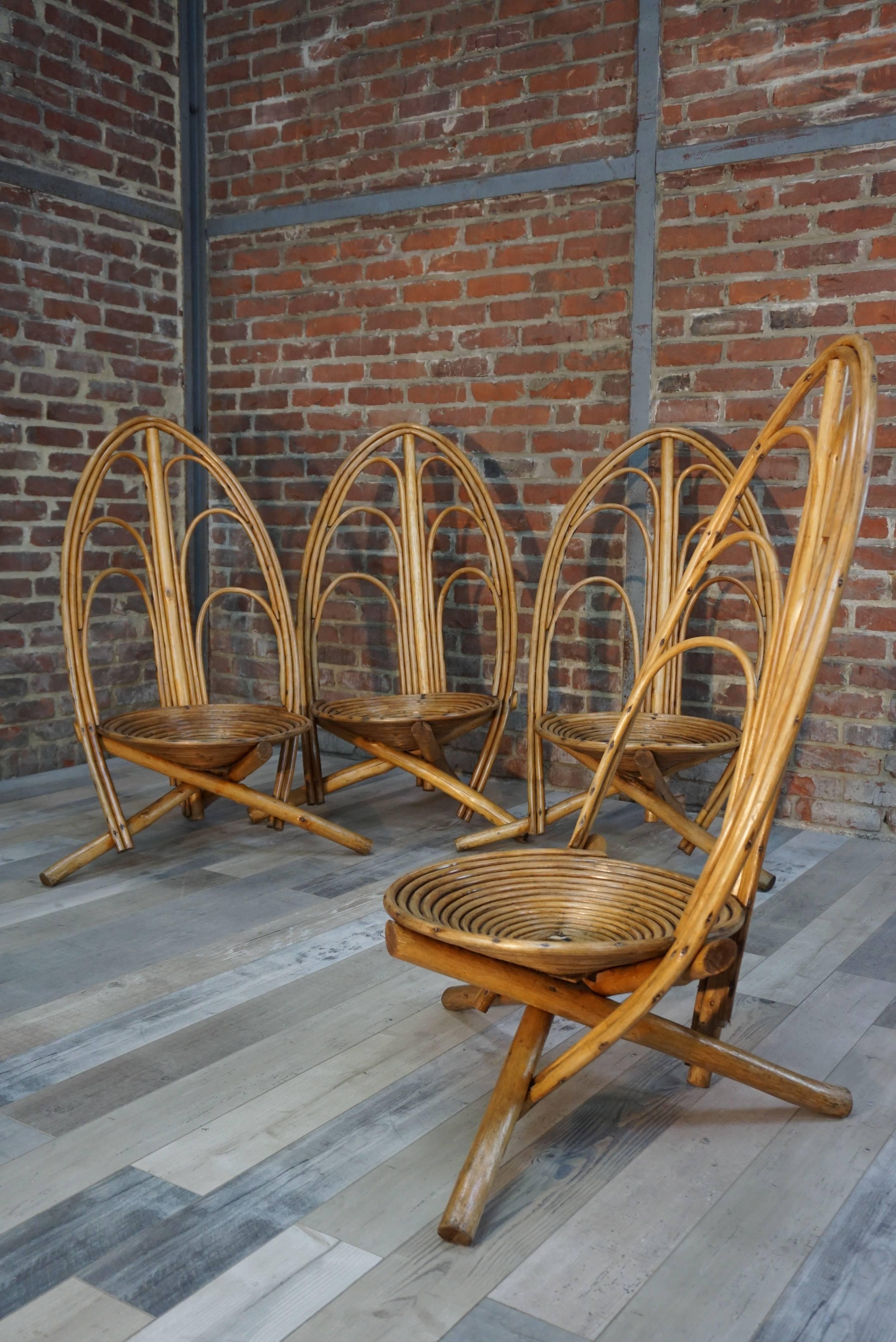 20th Century Rattan and Wooden Lounge and Outdoor Seating Set of 4 Armchairs For Sale