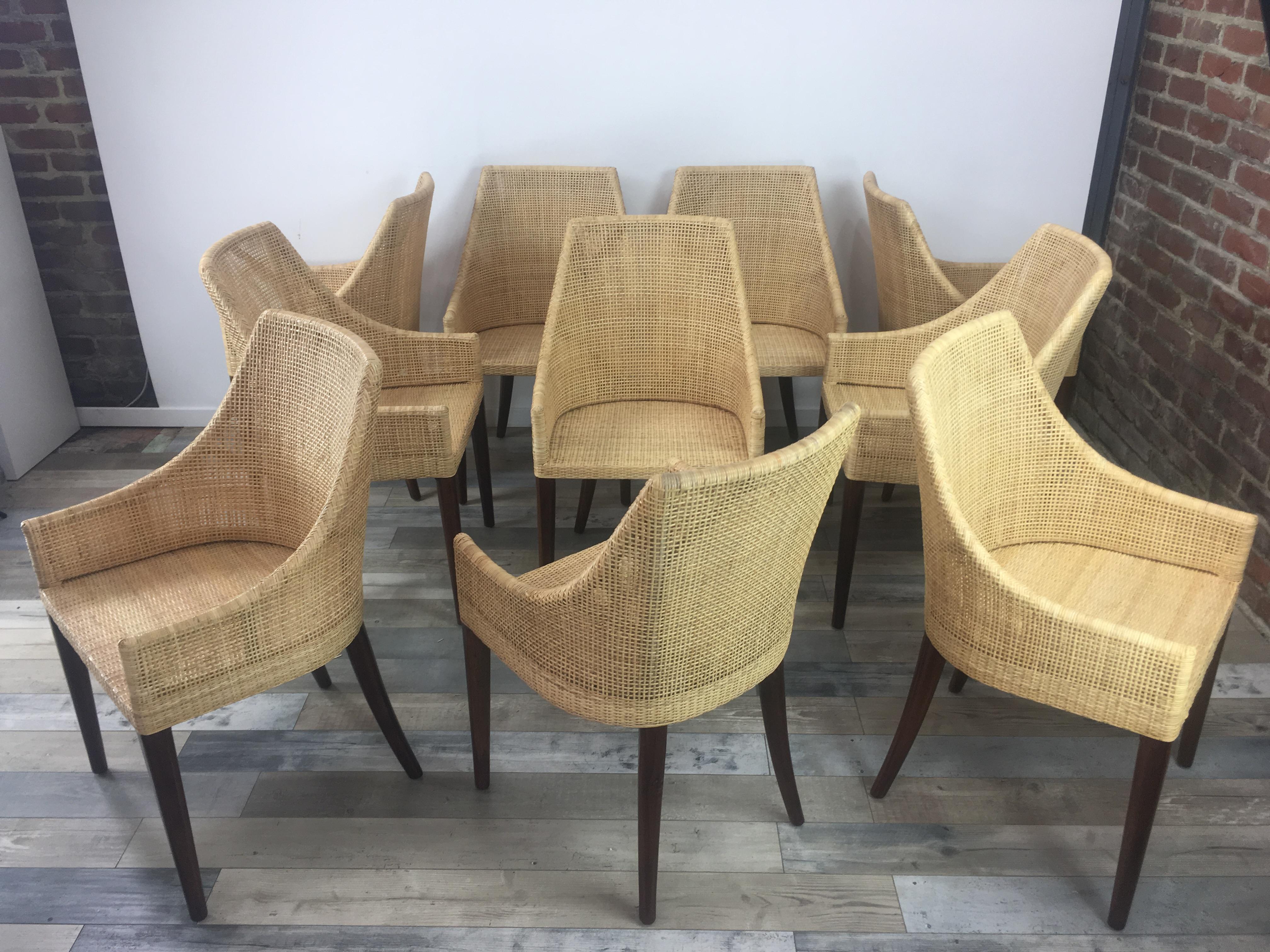 Set aus 10 Esszimmerstühlen aus Rattan und Holz, Französisches Design 9