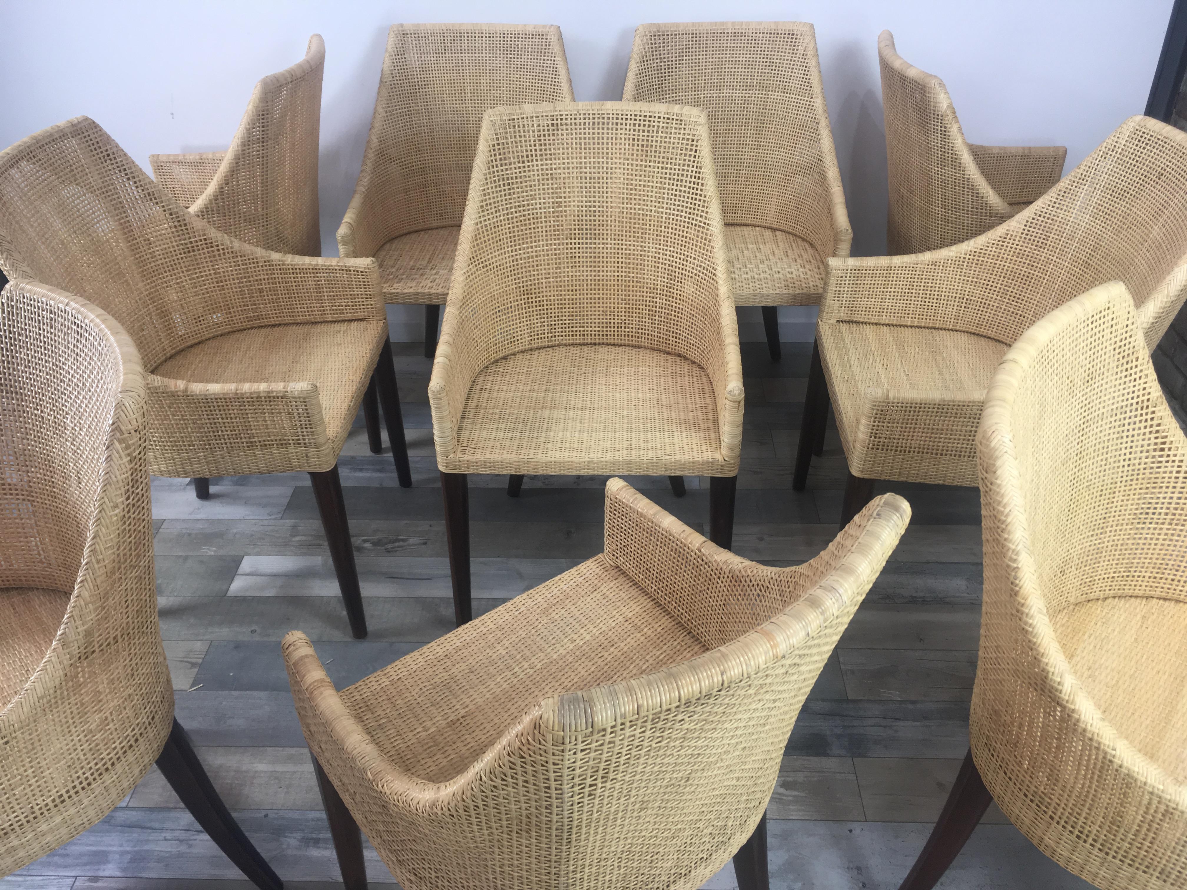 Rattan and Wooden Set of 10 Dining Armchairs French Design 9
