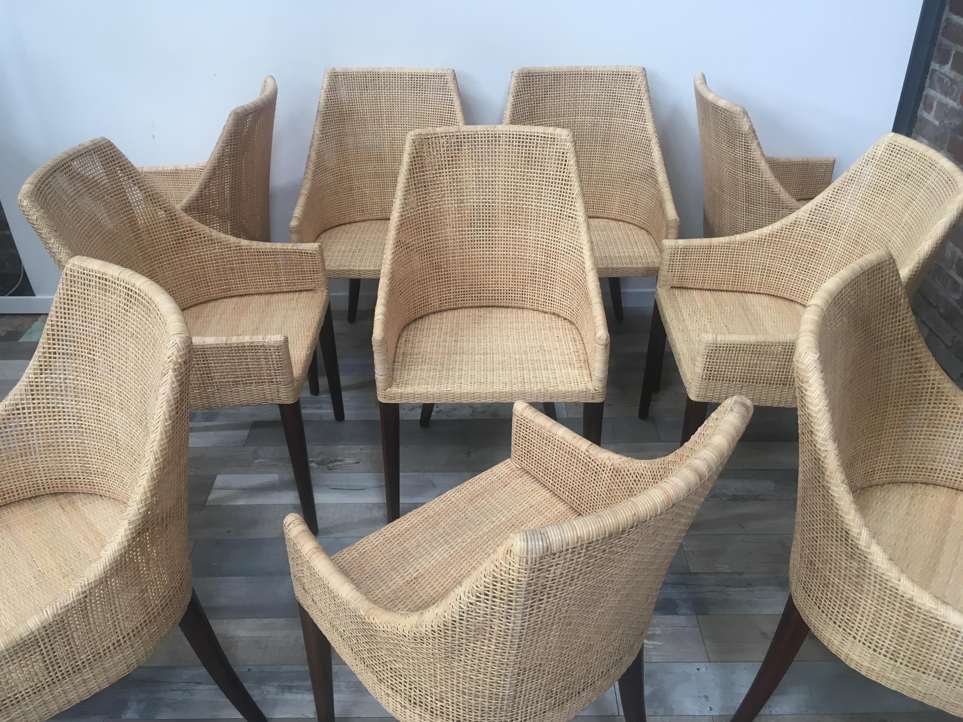Rattan and Wooden Set of 10 Dining Armchairs French Design 12