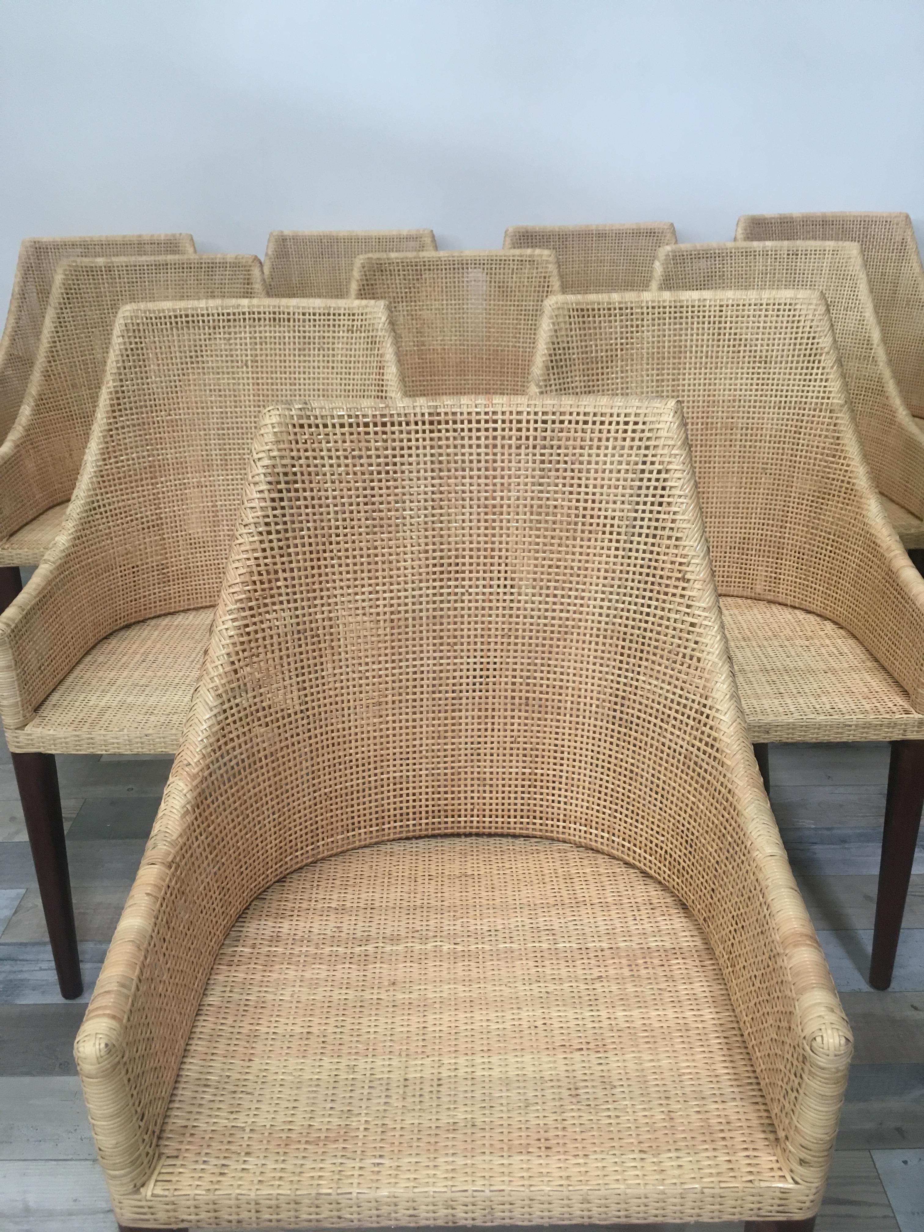 Mid-Century Modern Rattan and Wooden Set of 10 Dining Armchairs French Design