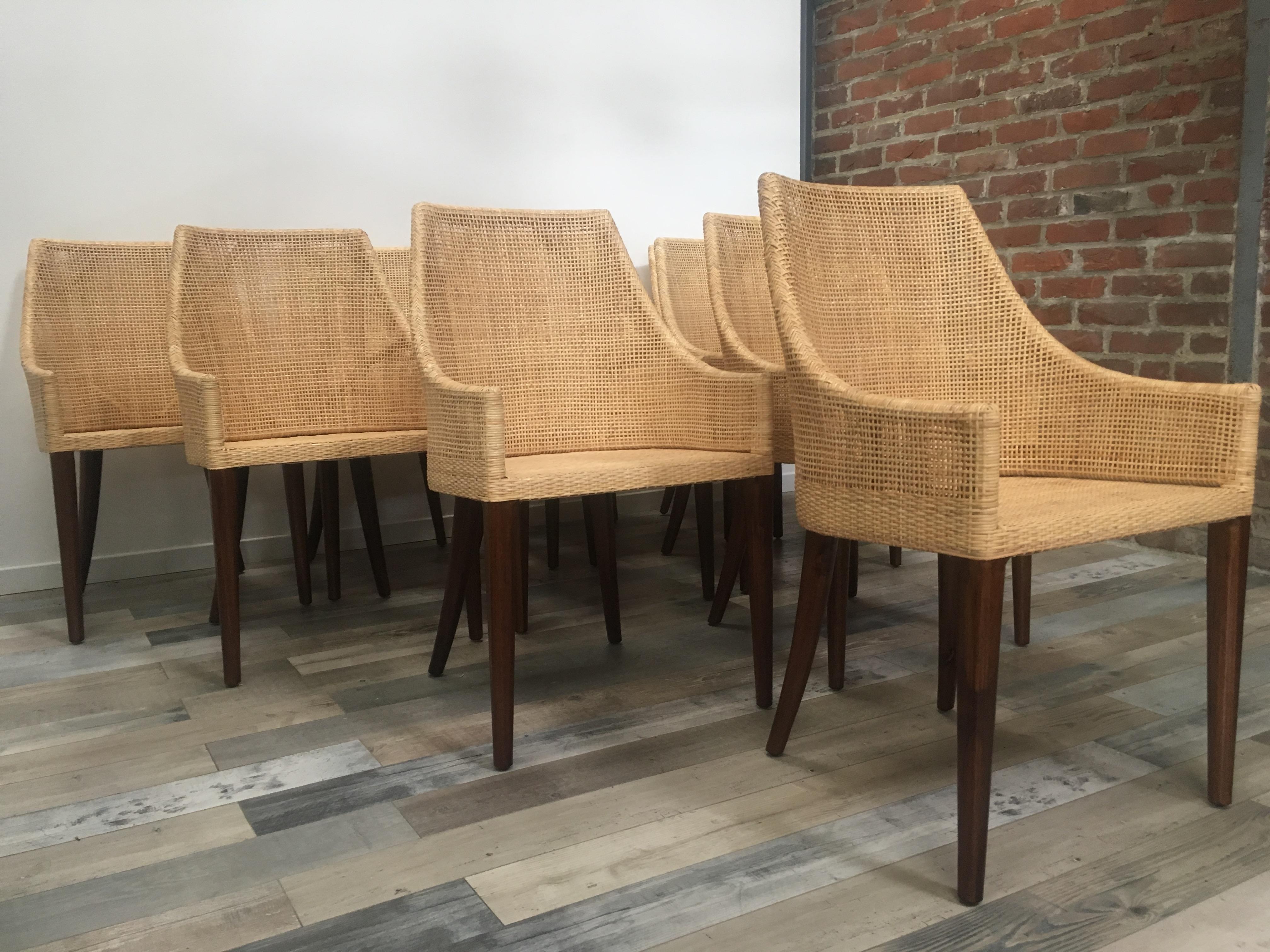 Rattan and Wooden Set of 10 Dining Armchairs French Design In New Condition In Tourcoing, FR