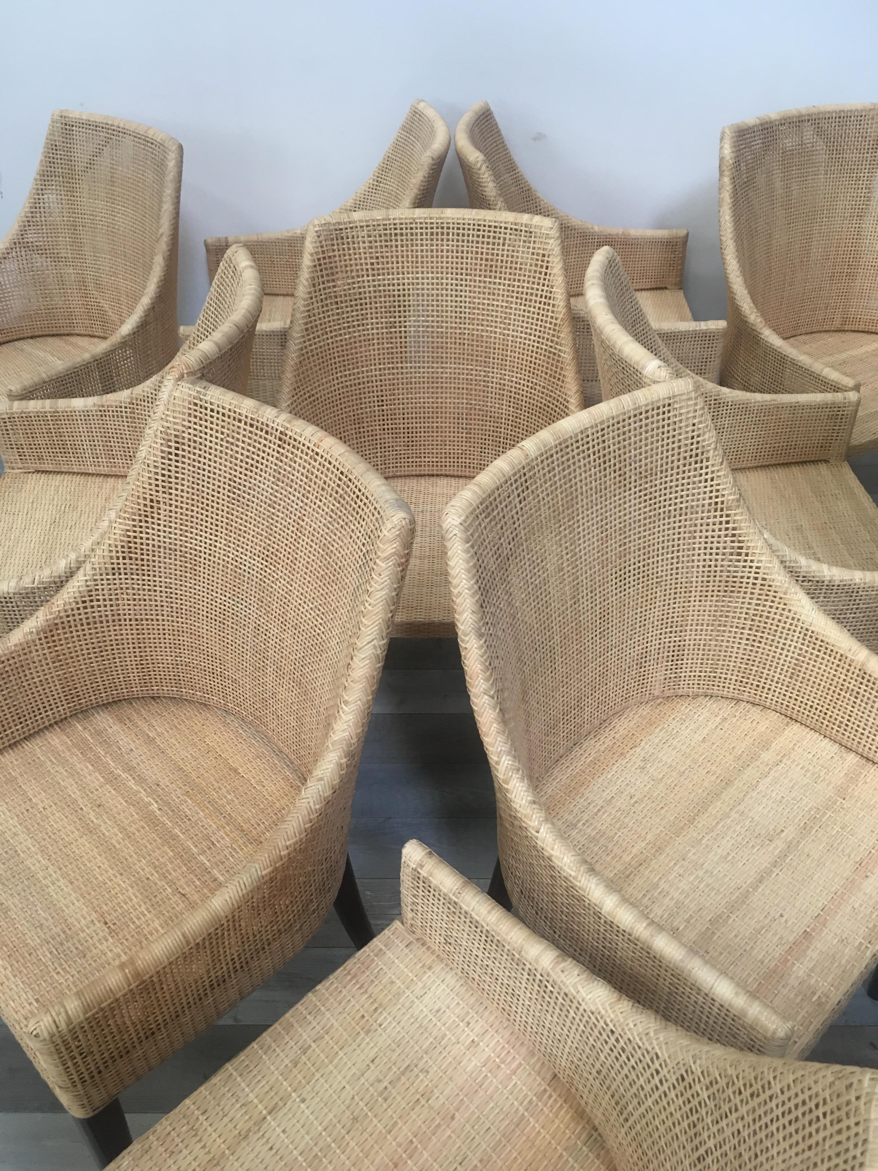 Set aus 10 Esszimmerstühlen aus Rattan und Holz, Französisches Design 3