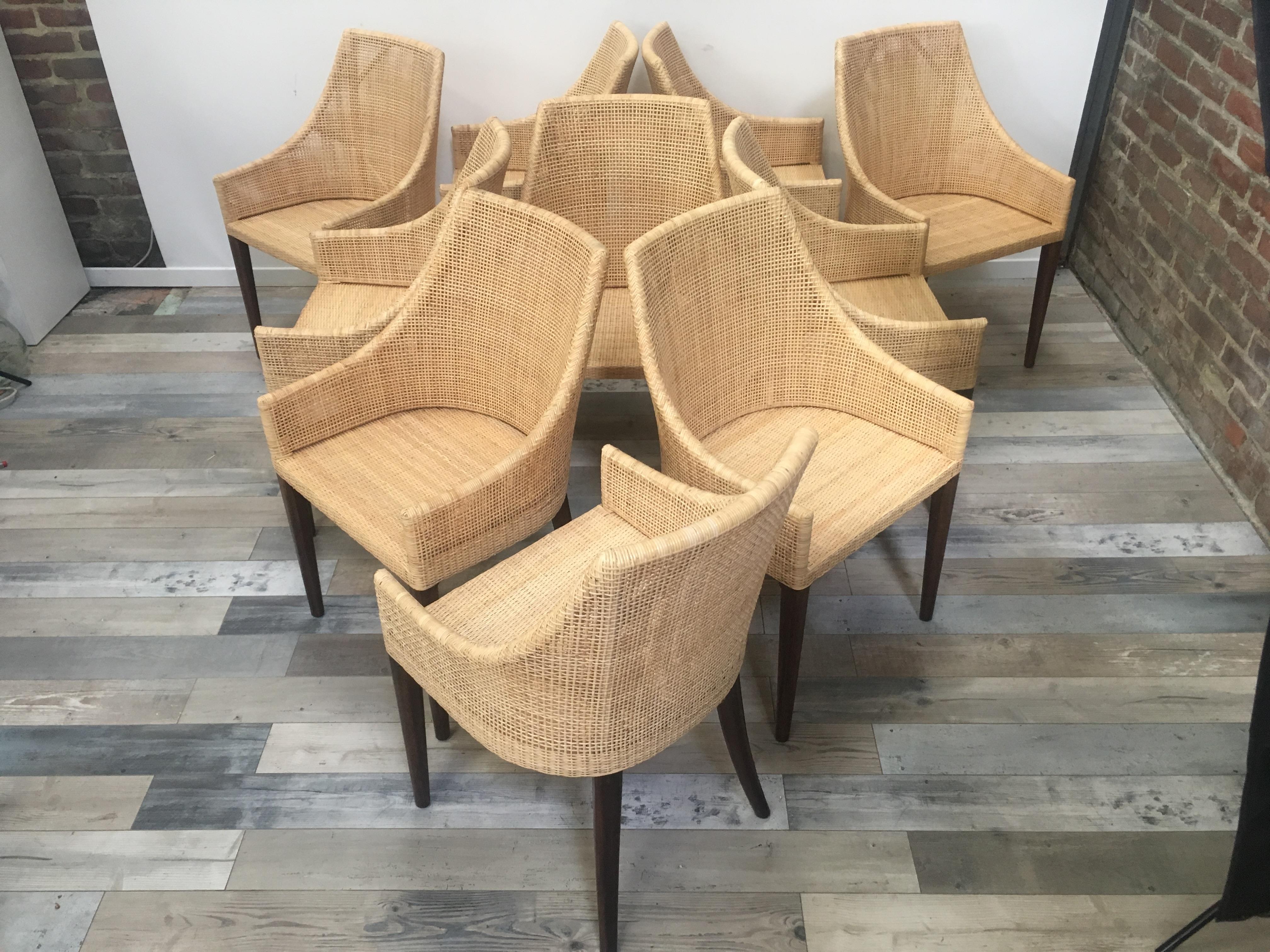 Rattan and Wooden Set of 10 Dining Chairs For Sale 4