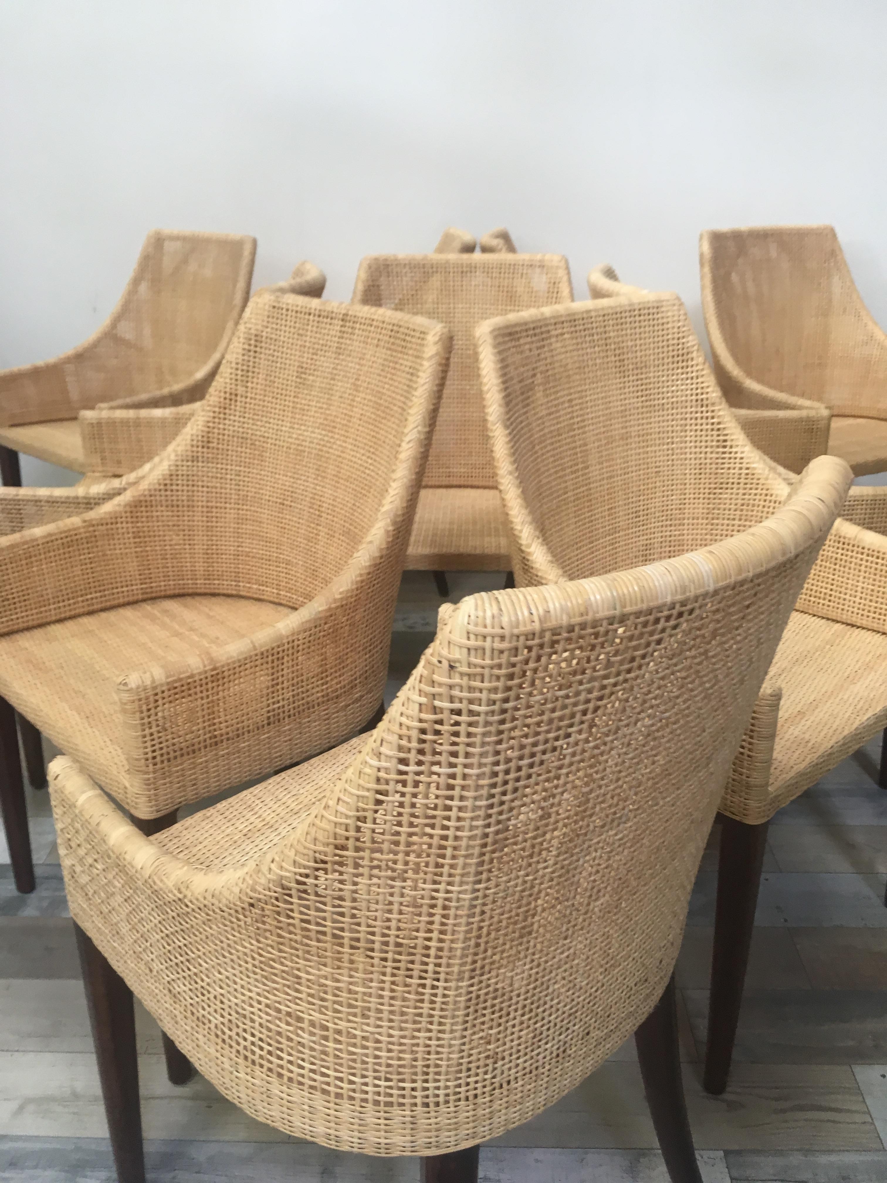 Rattan and Wooden Set of 10 Dining Chairs For Sale 5