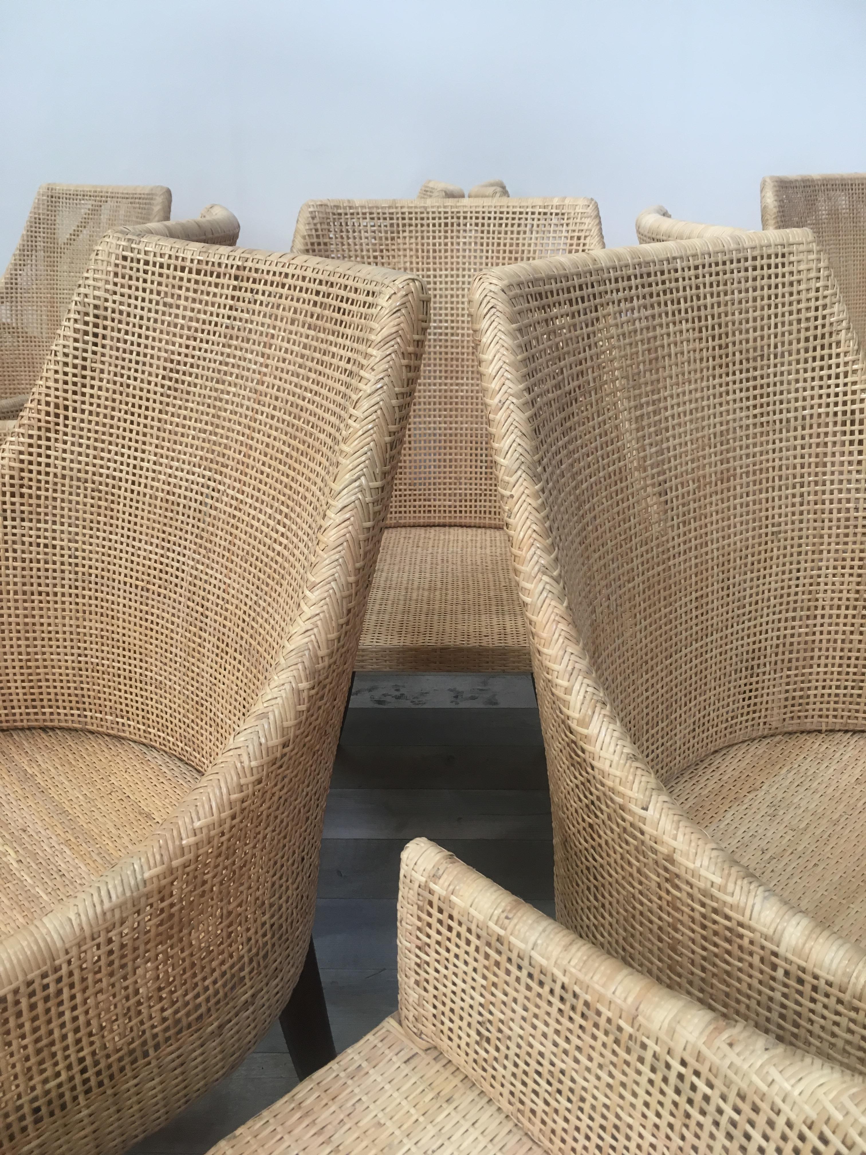 Rattan and Wooden Set of 10 Dining Chairs For Sale 6