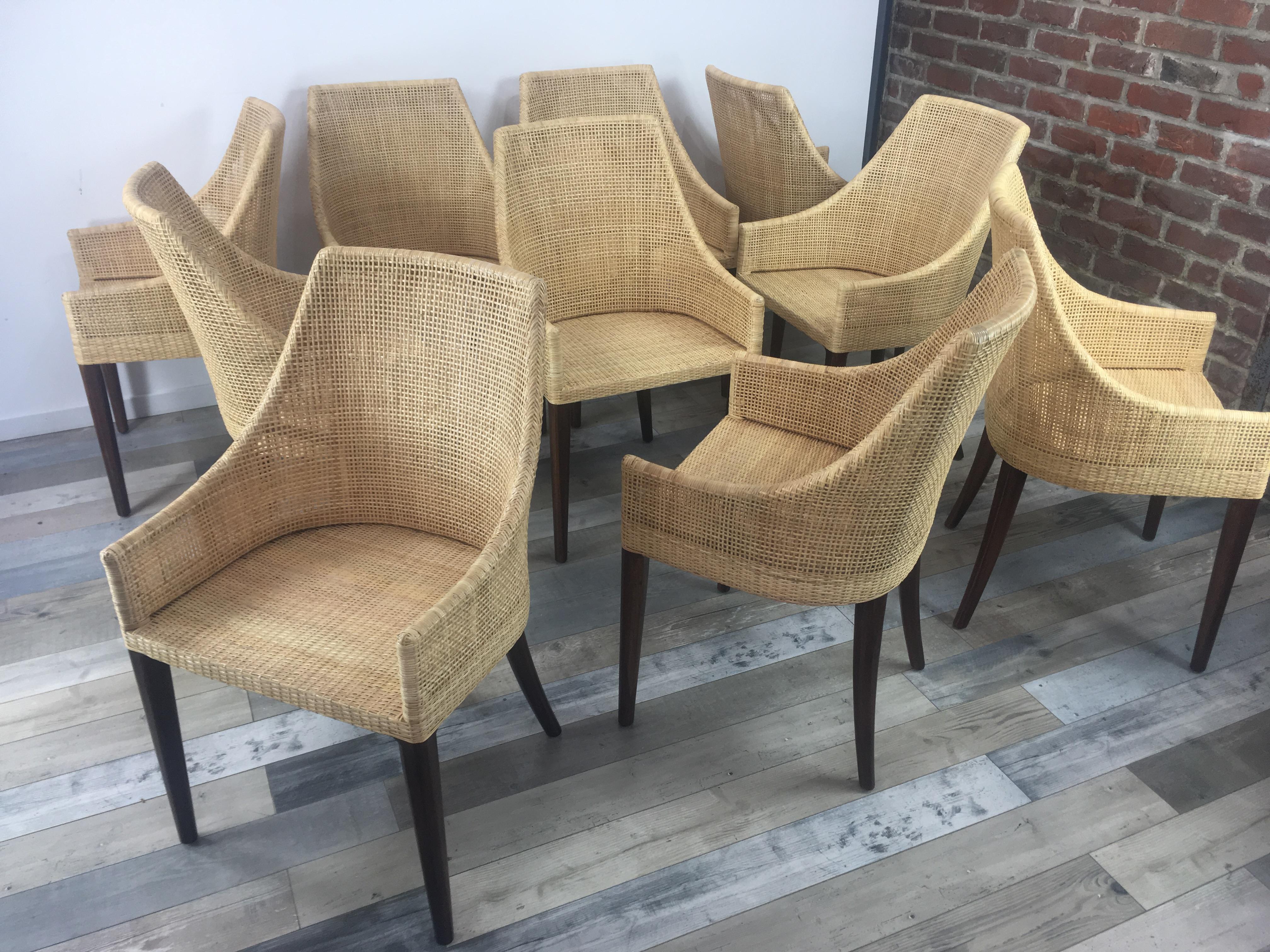 Rattan and Wooden Set of 10 Dining Chairs For Sale 10