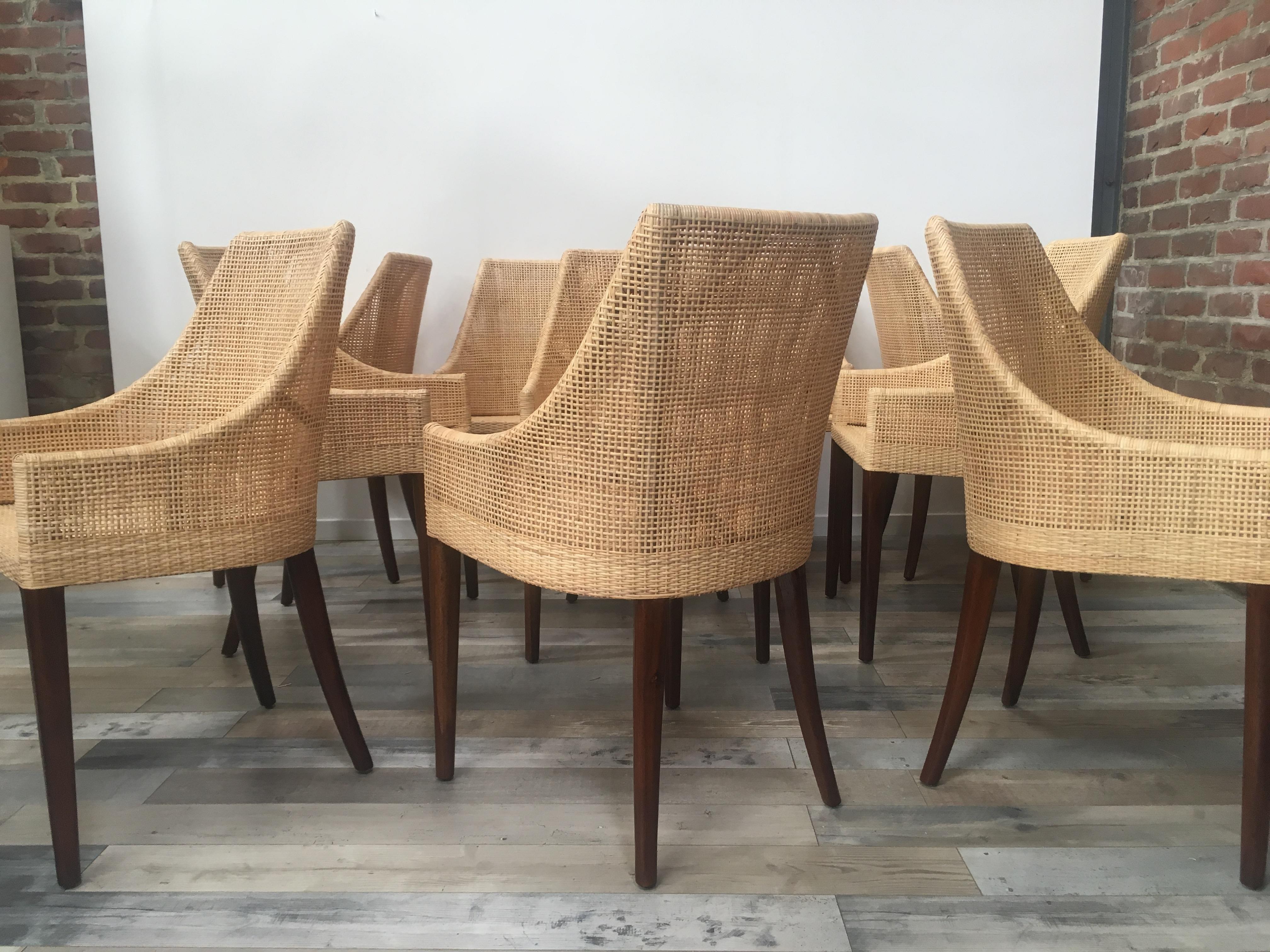 Rattan and Wooden Set of 10 Dining Chairs For Sale 11