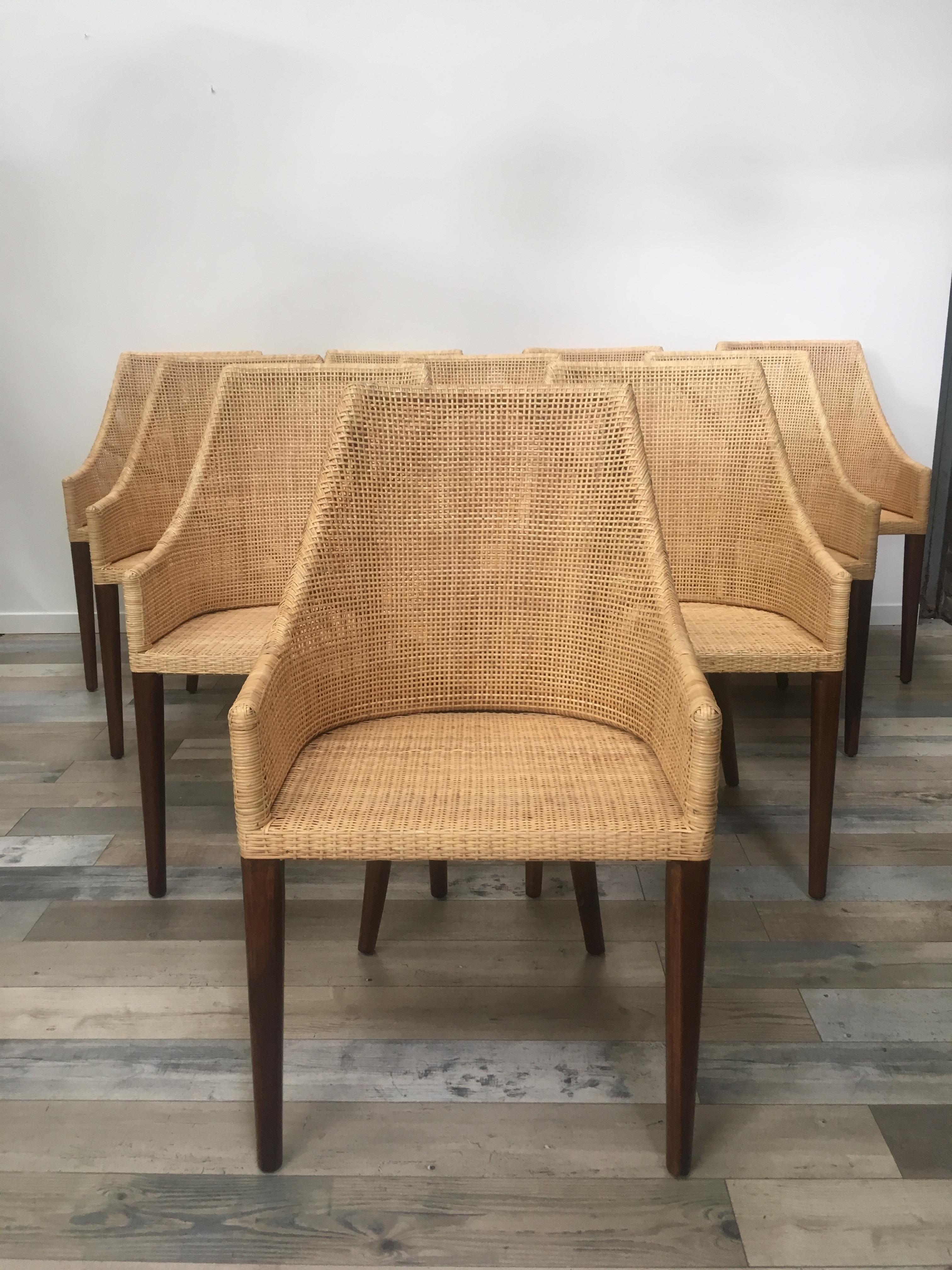 Mid-Century Modern Rattan and Wooden Set of 10 Dining Chairs