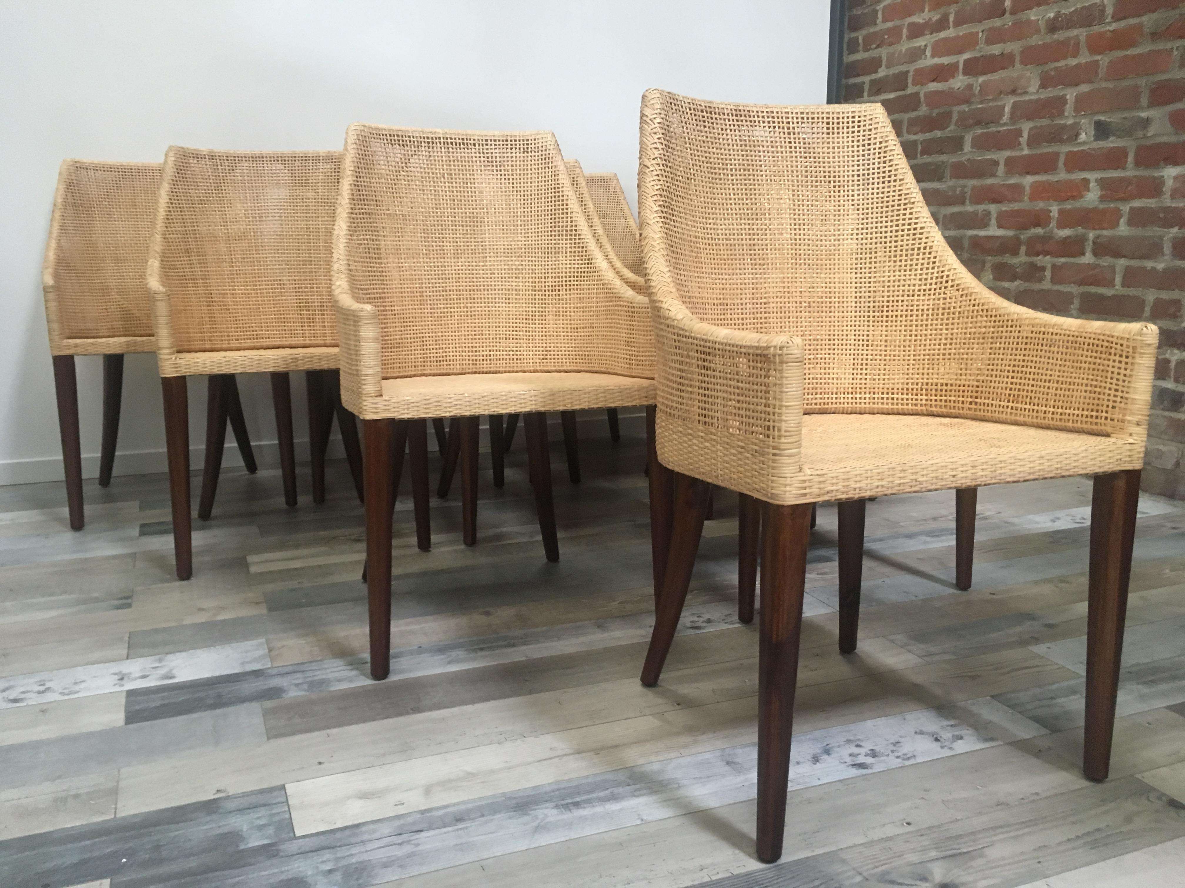 Contemporary Rattan and Wooden Set of 10 Dining Chairs For Sale