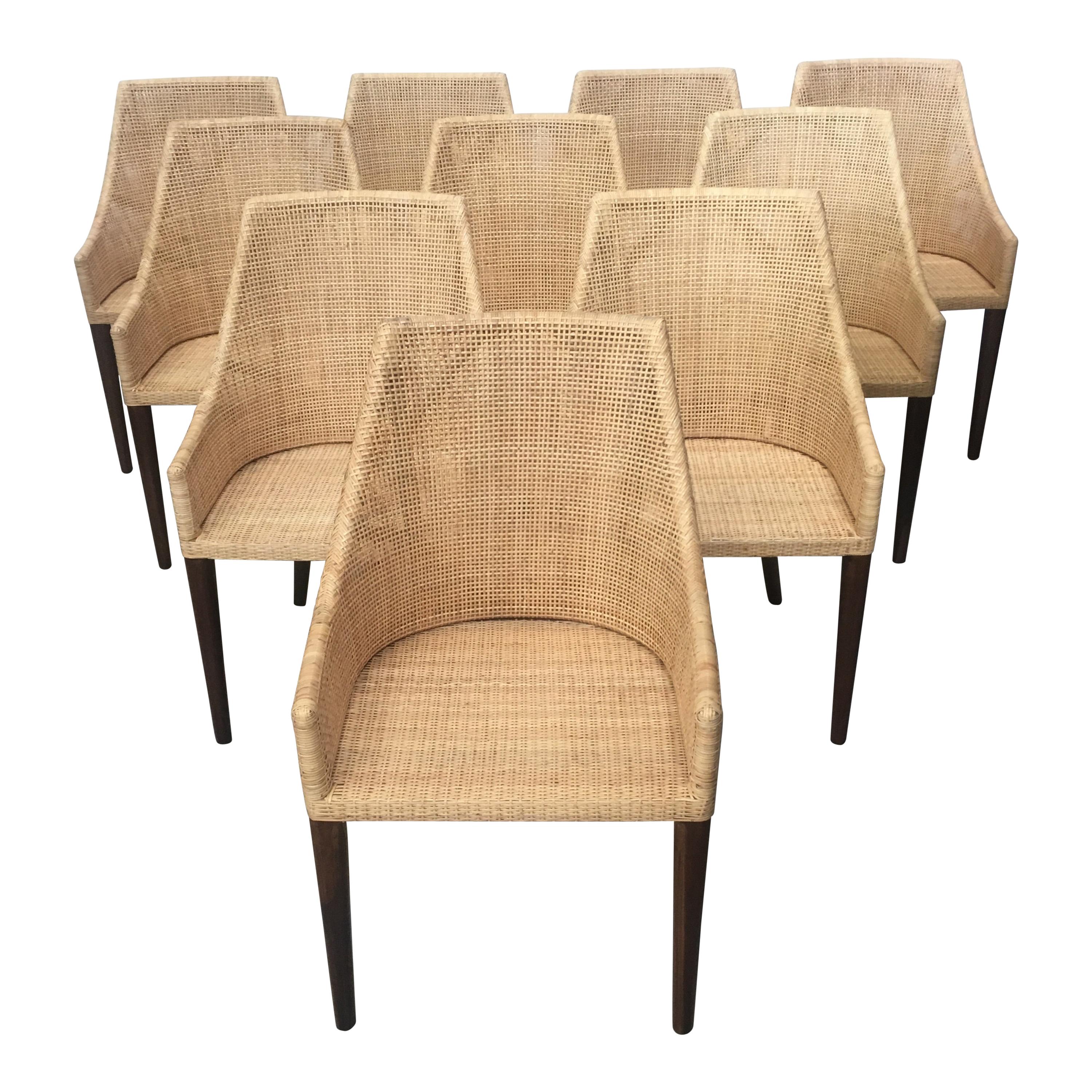 Set of 4 Midcentury Rattan Dining Chairs with Rollers For Sale at