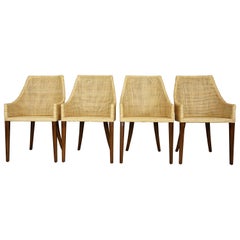 Rattan and Wooden Set of 4 Dining Armchairs French Design