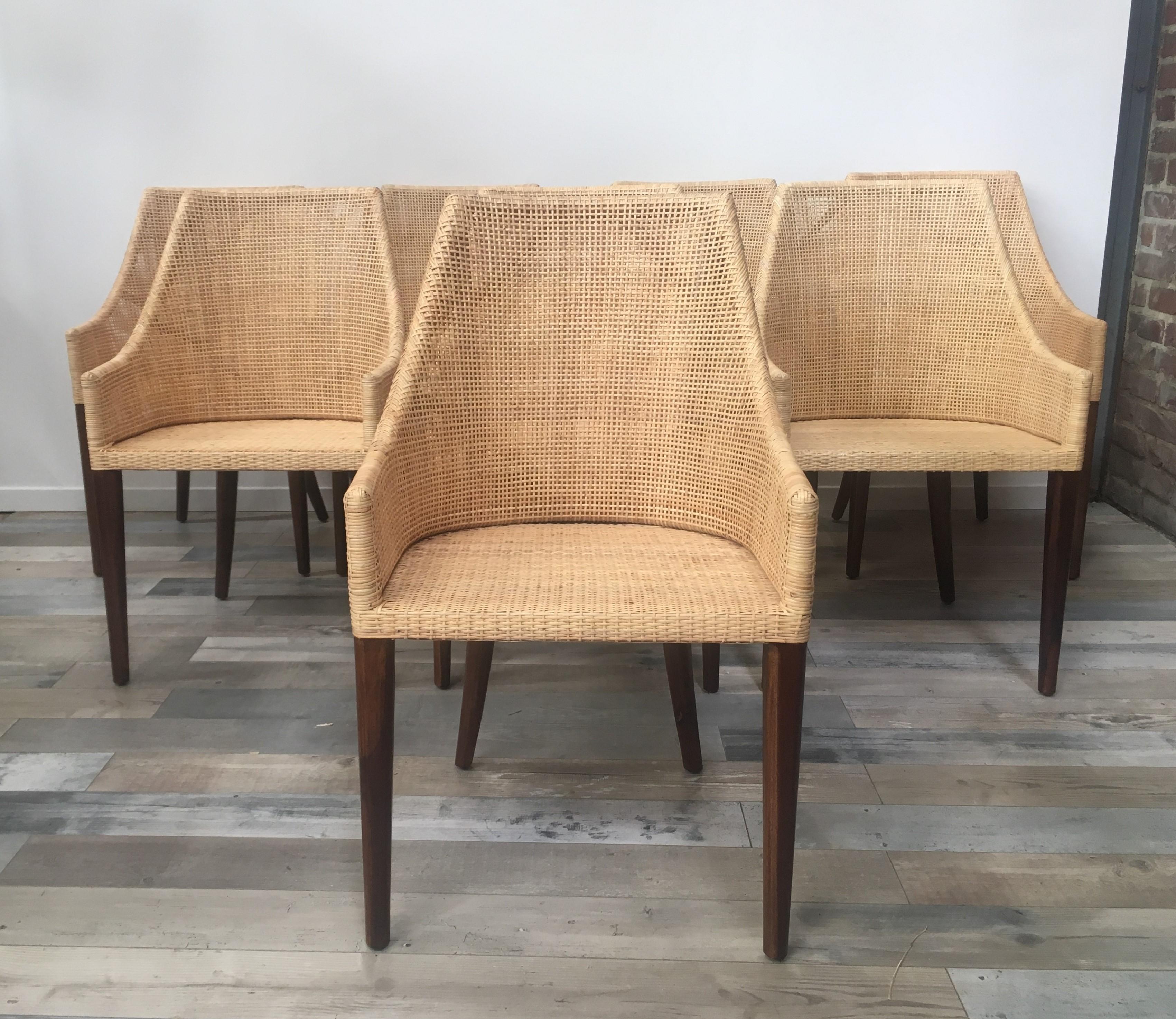 Mid-Century Modern Rattan and Wooden Set of 8 Dining Armchairs French Design