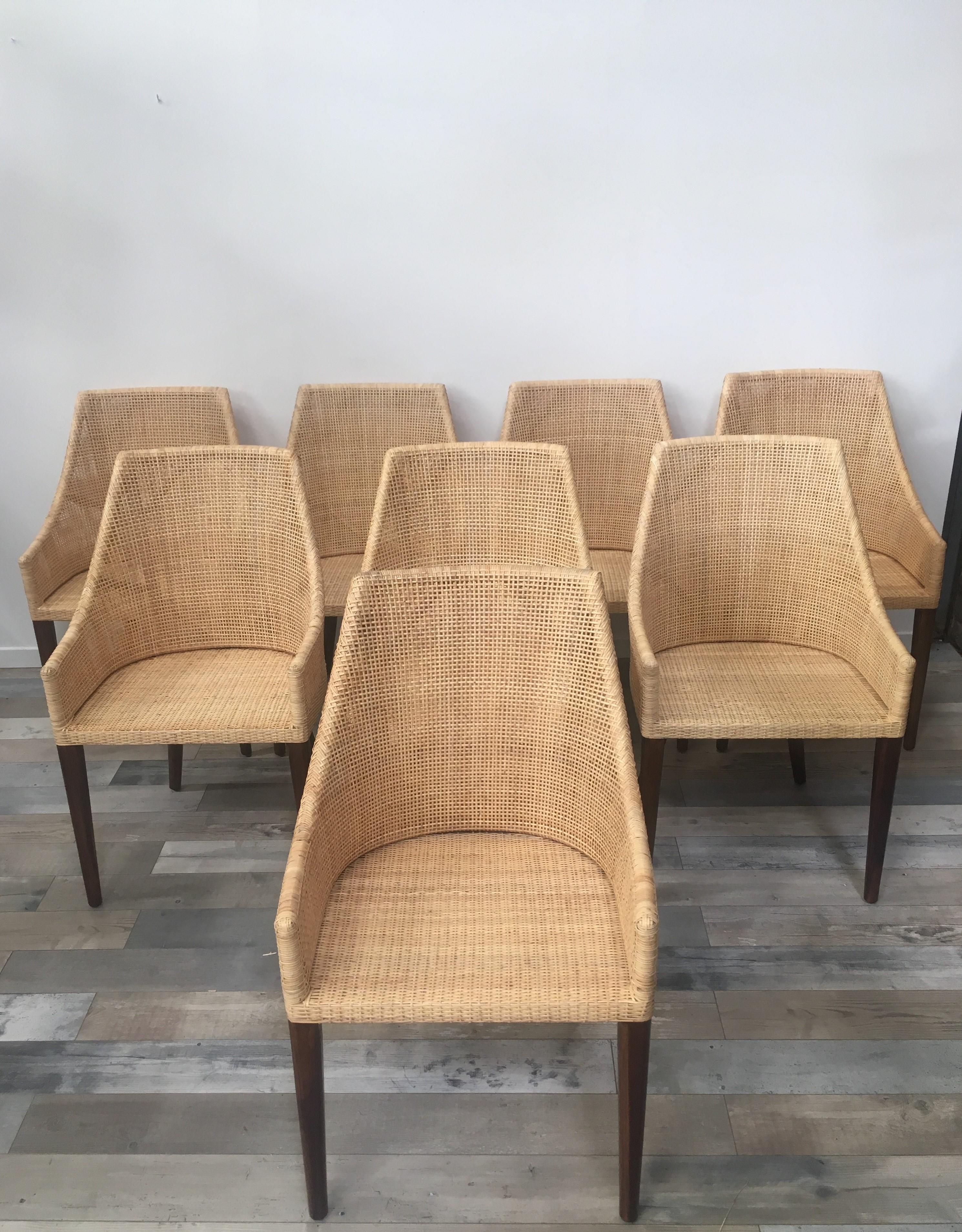 Rattan and Wooden Set of 8 Dining Armchairs French Design In New Condition In Tourcoing, FR