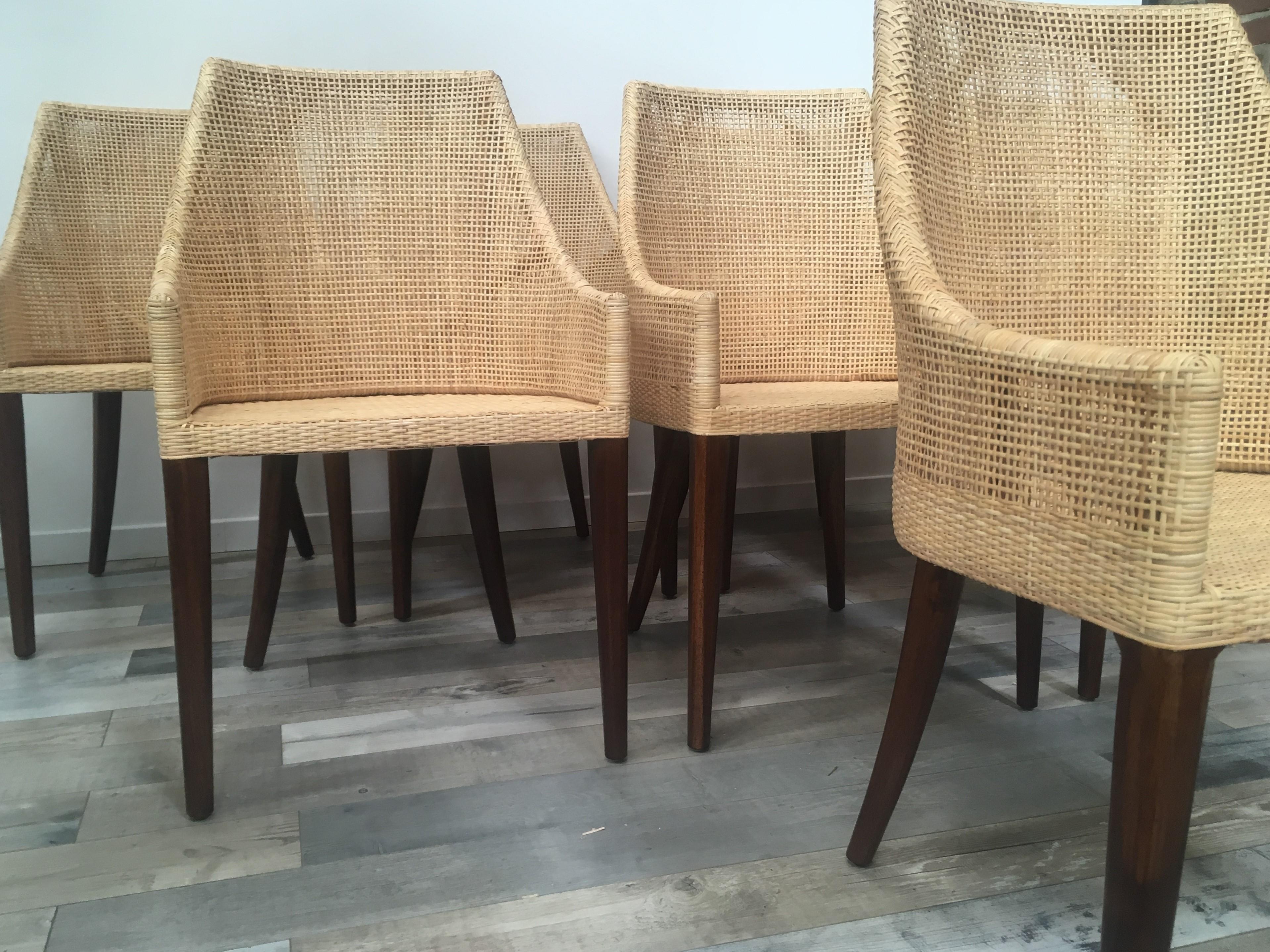 Contemporary Rattan and Wooden Set of 8 Dining Armchairs French Design