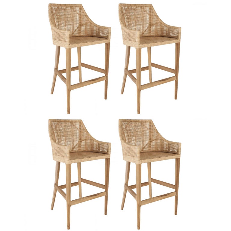 Rattan and Wooden Set of Four Bar Stools For Sale at 1stdibs