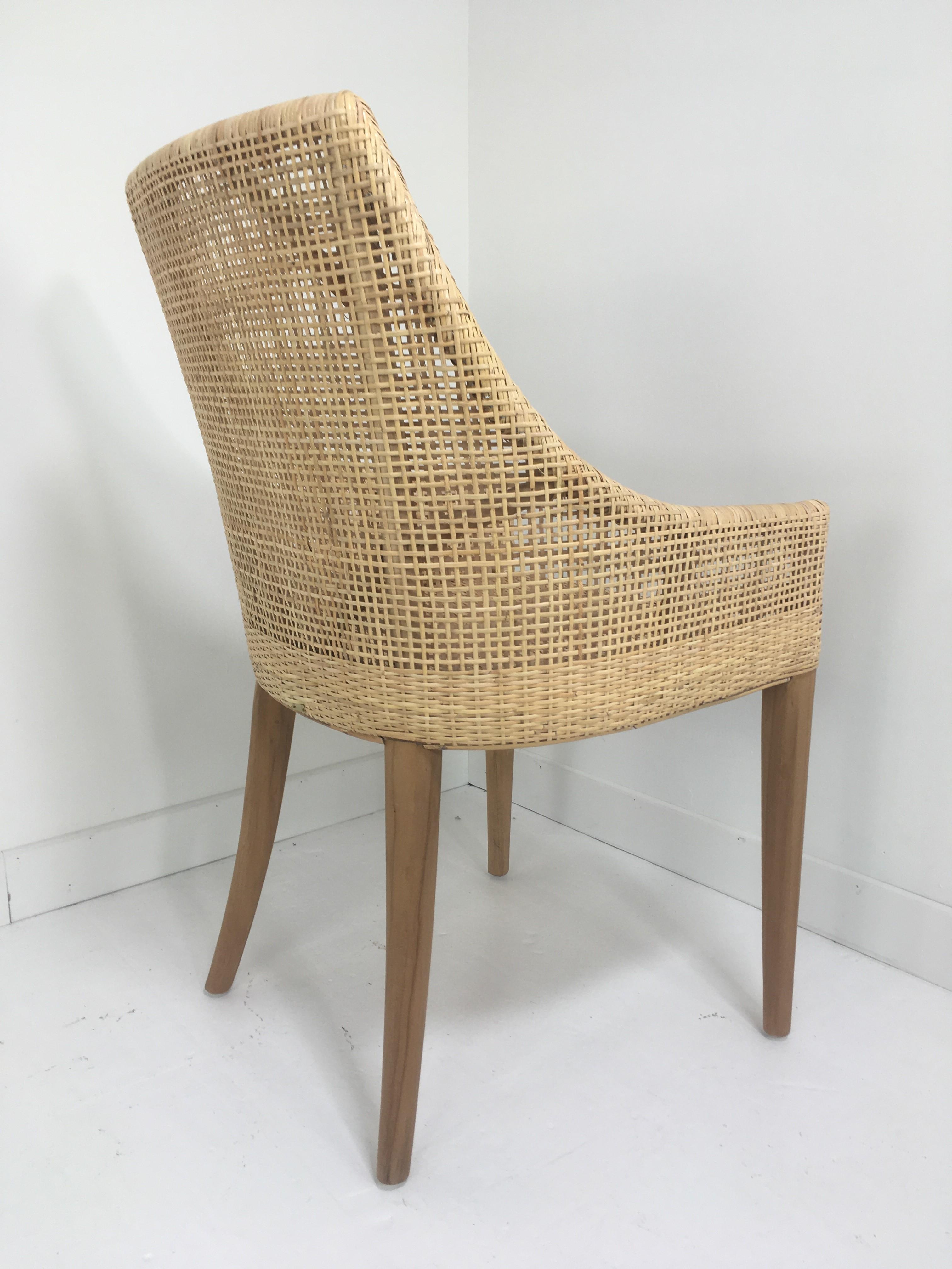 Contemporary Rattan and Wooden Set of Six Armchairs For Sale