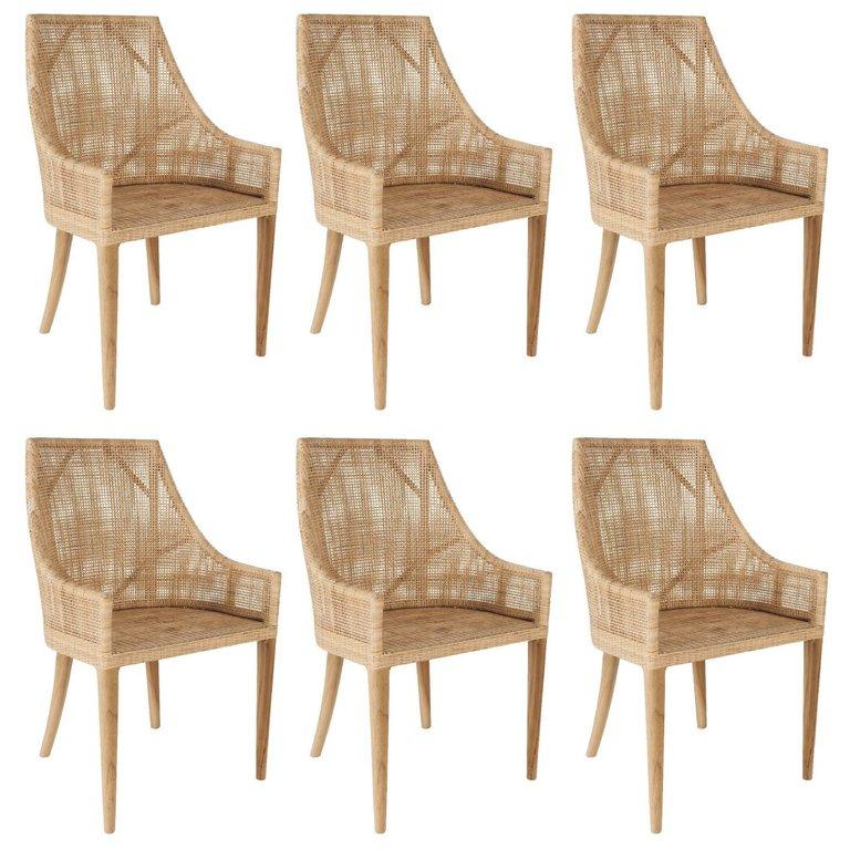 Rattan and Wooden Set of Six Armchairs 1