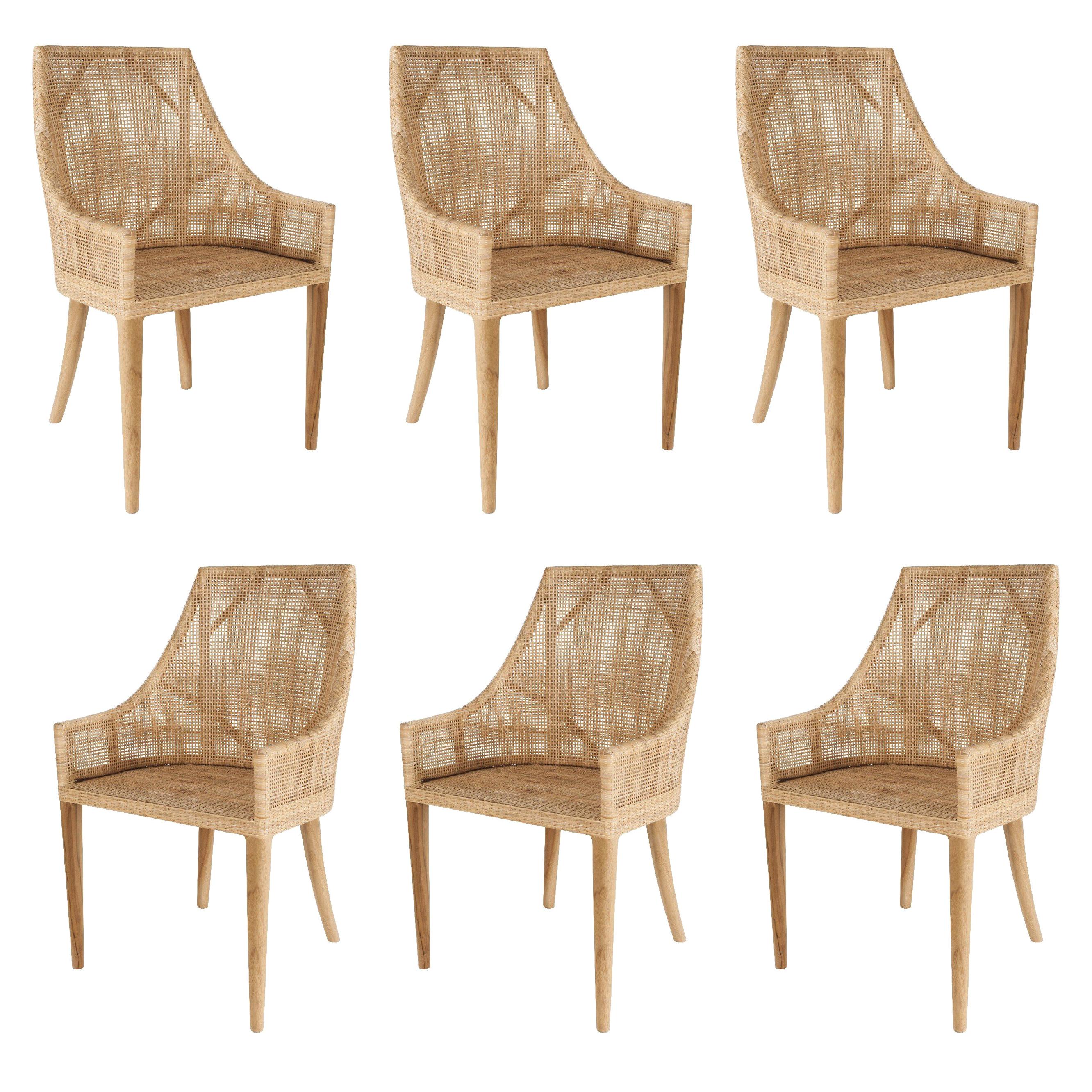 Rattan and Wooden Set of Six Armchairs