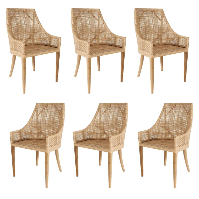 Rattan and Wooden Set of Six Armchairs For Sale
