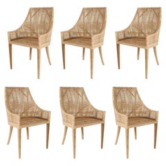 Rattan and Wooden Set of Six Armchairs