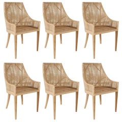 Rattan and Wooden Set of Six Armchairs French Design